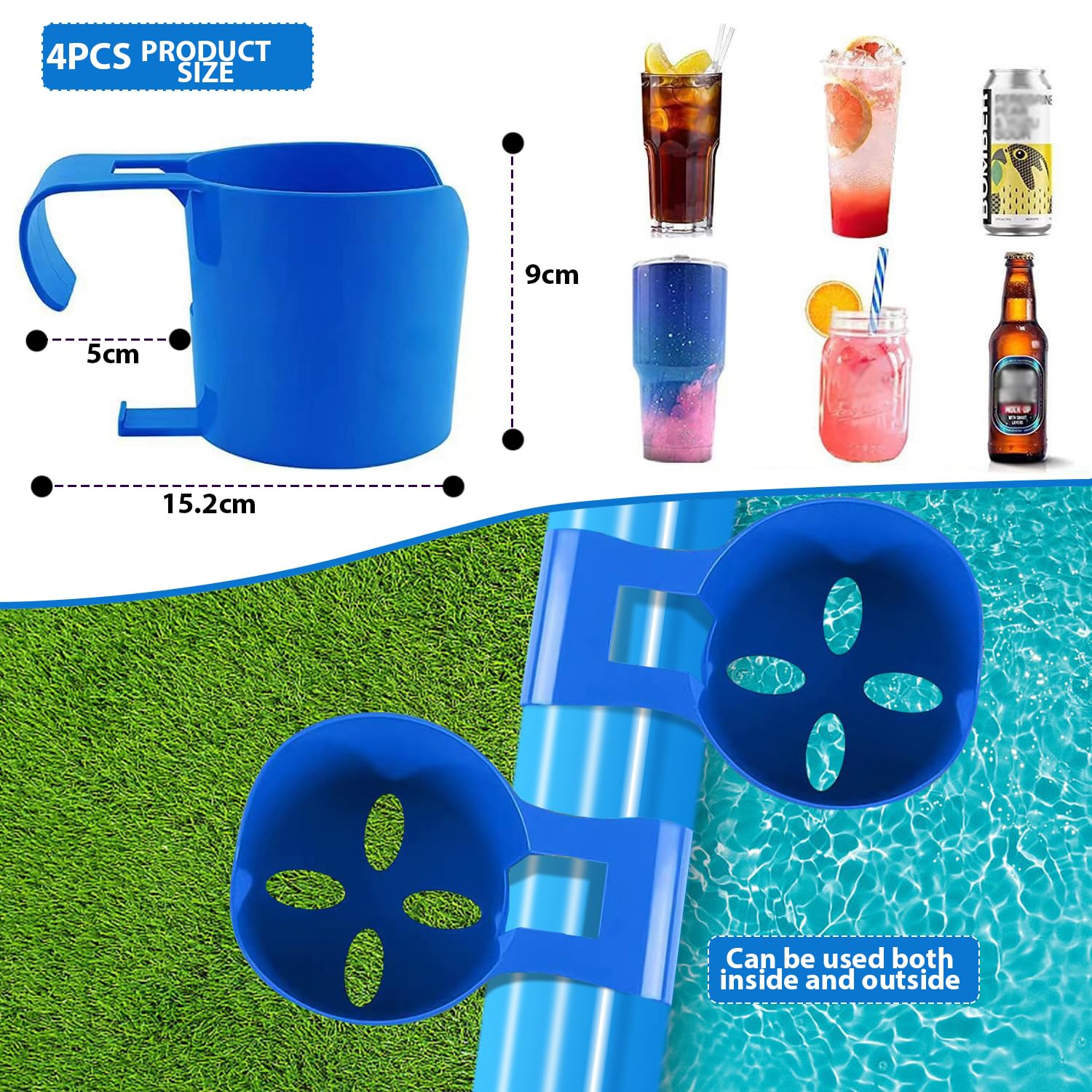 4 Pezzi Portabevande per Piscina, Portabevande Multifunzione da Piscina, Portabevande per Piscina, Portabicchieri a Bordo Piscina, Porta Bibite per Piscina per la maggior parte delle piscine (blu)