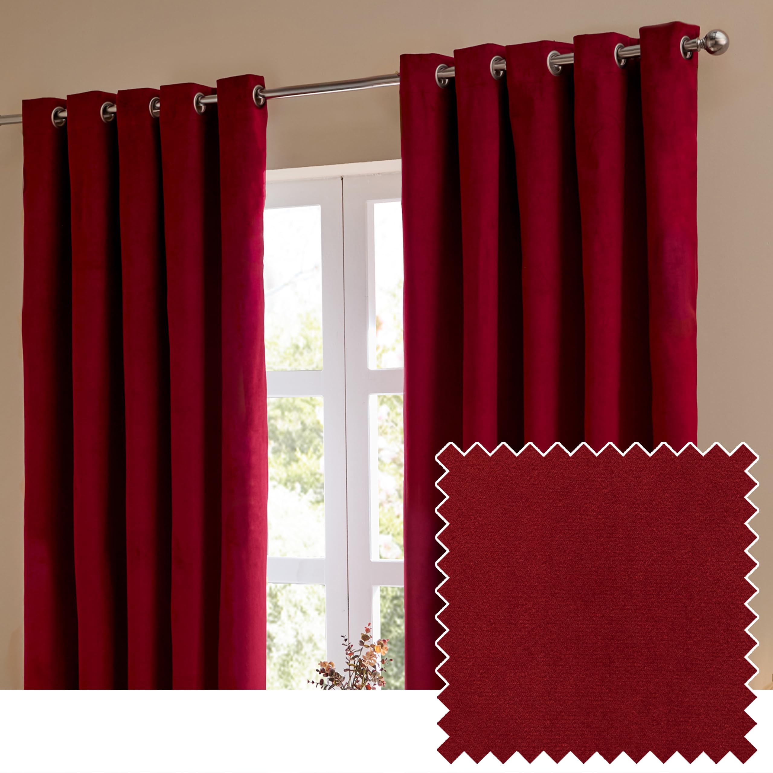 Furn. Burgundy The Ultimate Velvet Blackout Eyelet Curtain Pair – Soft Stylish Light Blocking Thermal Matte Velvet Drapes ( - 229X183cm)