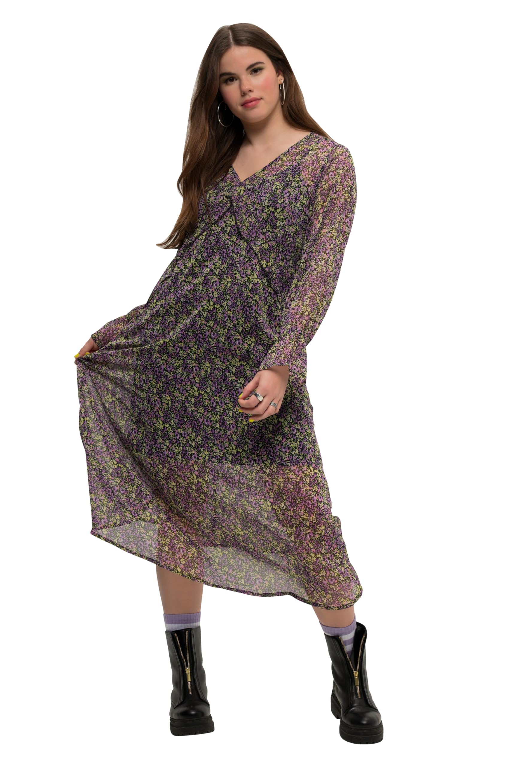 Studio Untold Damen große Größen Übergrößen Plus Size Maxikleid, A-Line, Chiffon, Minimal Blumen, V-Ausschnitt, Langarm 828686