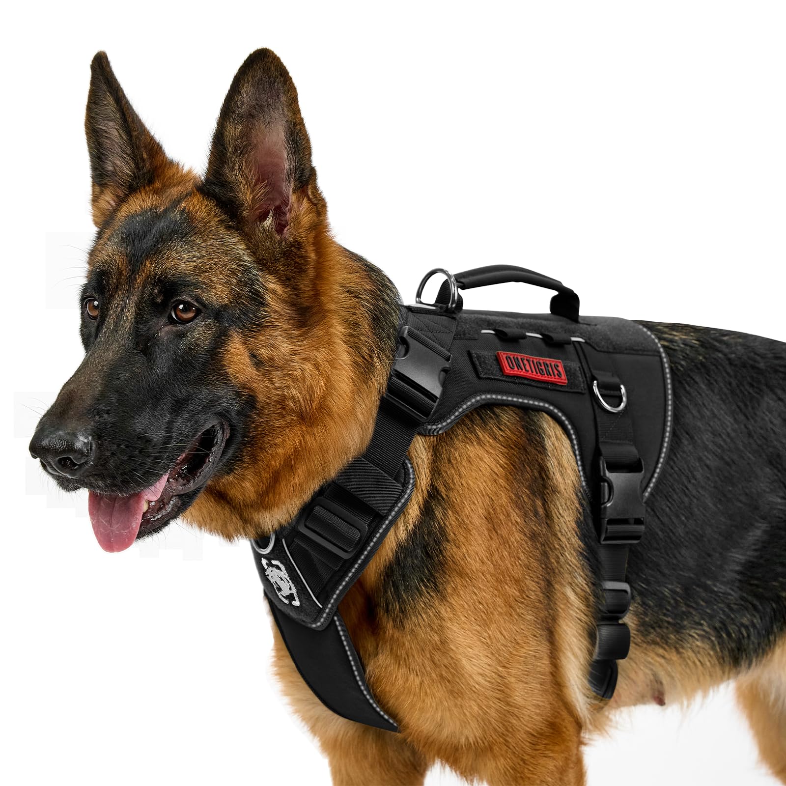 OneTigris Tactilite Harnais Tactique Durable pour Chien de Grande Taille, Anti-Traction, Harnais de Poitrine réglable sans Traction, avec 4 Anneaux en D, Bandes réfléchissantes, Noir, Taille XL
