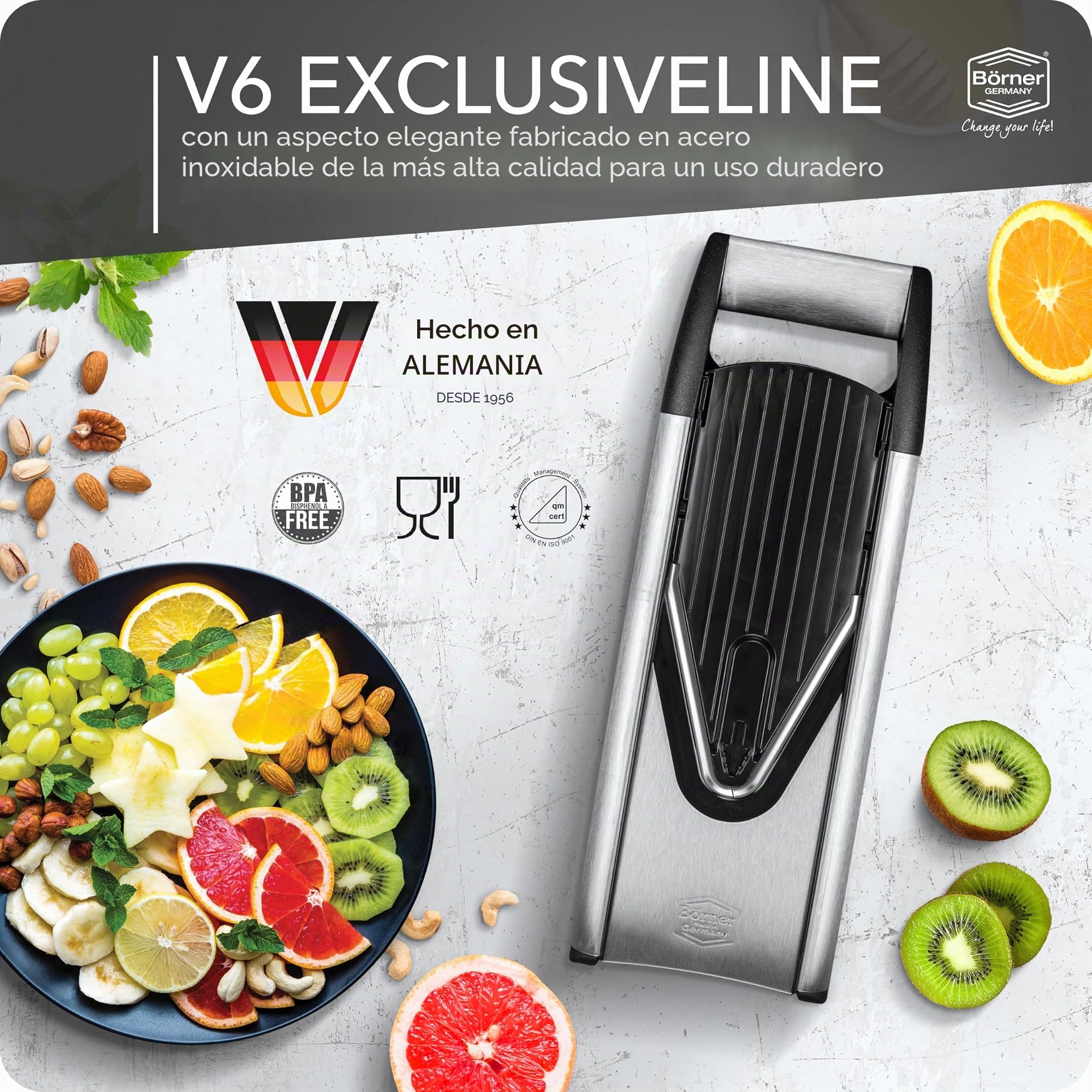Börner Cortador de Verduras V6 (Set Profesional) • Mandolina Ajustable de Acero Inoxidable con Cuchilla en forma V • Para cortar Rodajas, Tiras Juliana, Cubos en Varios Tamaños • Set Completo