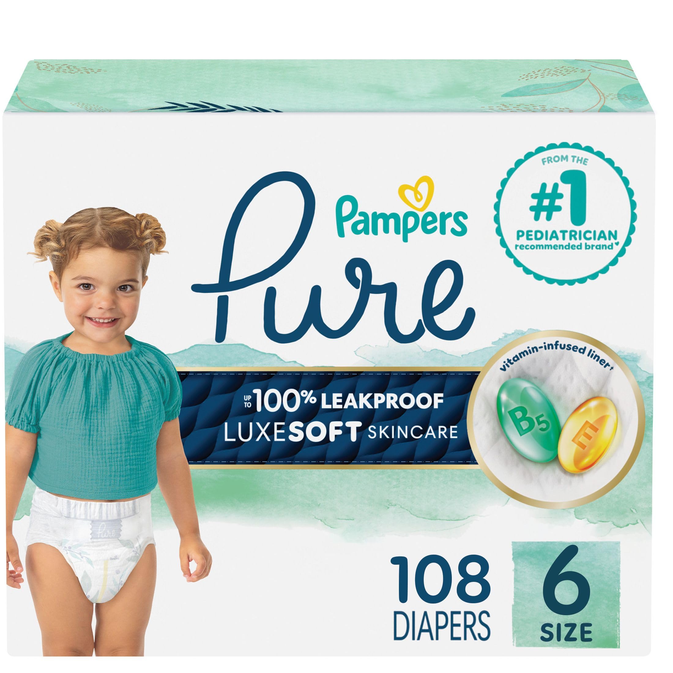 Pampers Pure Baby Diapers, Size 6 (35+ lbs), 108