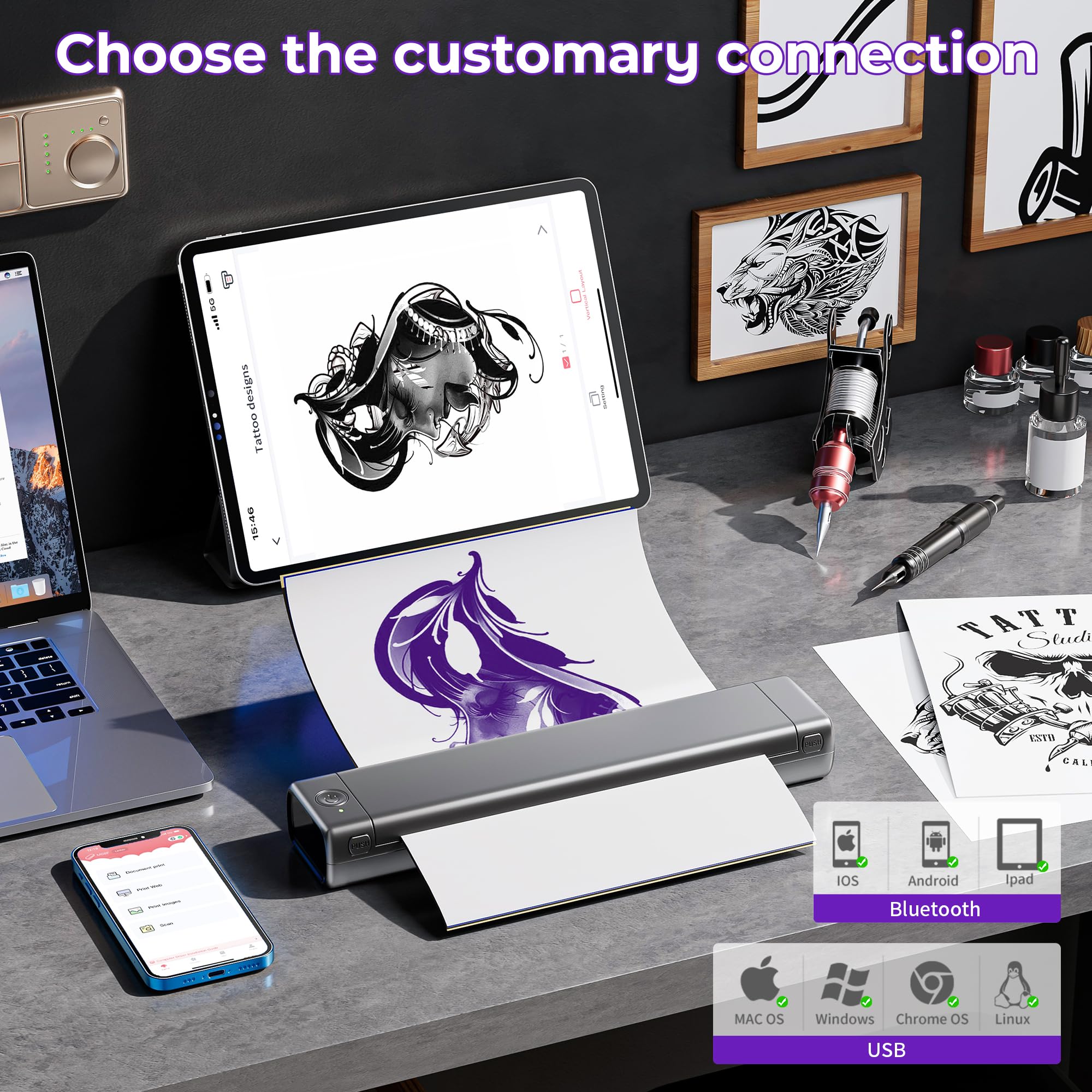 Tattoo Drucker Stencil Drucker mit 10 Blatt Stencil Papier für Tattoo Maschine Set, Thermodrucker Tattoo Kompatibel mit IPad & Telefon & PC für Tattoo Künstler und Anfänger DIY Tattoo, Silber
