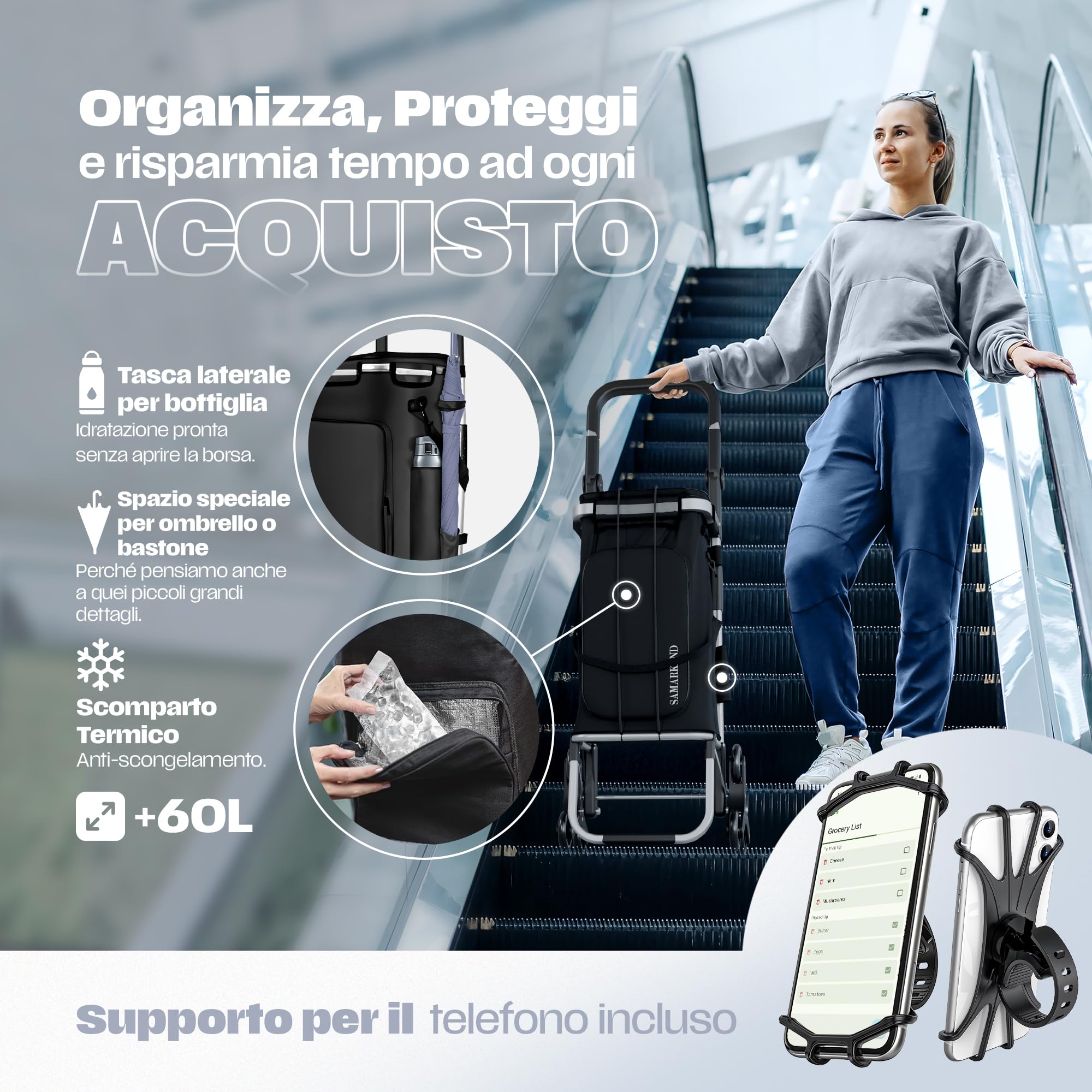 Carrello Spesa 3 Ruote Scale Pieghevole Impermeabile 40kg – Leggero, Resistente, Manico Regolabile - Carrello Portaspesa Termico Per Mercato Trolley Spesa Con Ruote, Carrello Per La Spesa Con Ruote