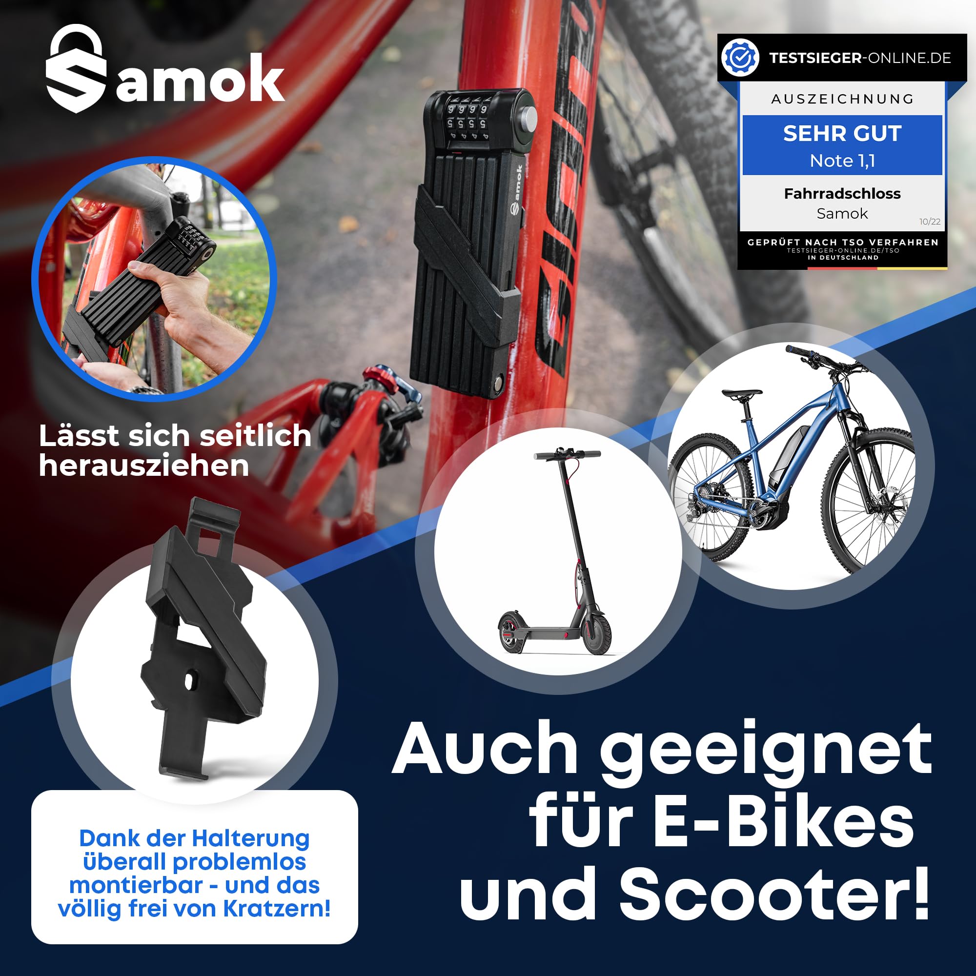 Samok® Antivol pour vélo - Code à 4 chiffres - 120 cm - Avec support - Antivol pliable en acier - Avec numéros et chiffres - Haut niveau de sécurité 10 - Antivol pour vélo électrique et VTT