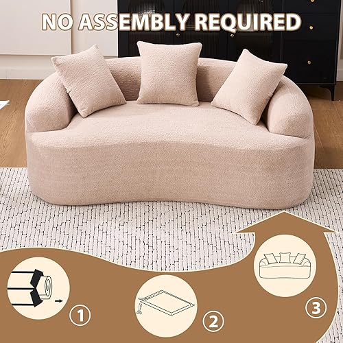 Miniatura 5 de Sofá biplaza curvo de 65 pulgadas para espacios pequeños, sofá biplaza sin hueso, tela de felpilla de grano de madera, no requiere instalación, sofá