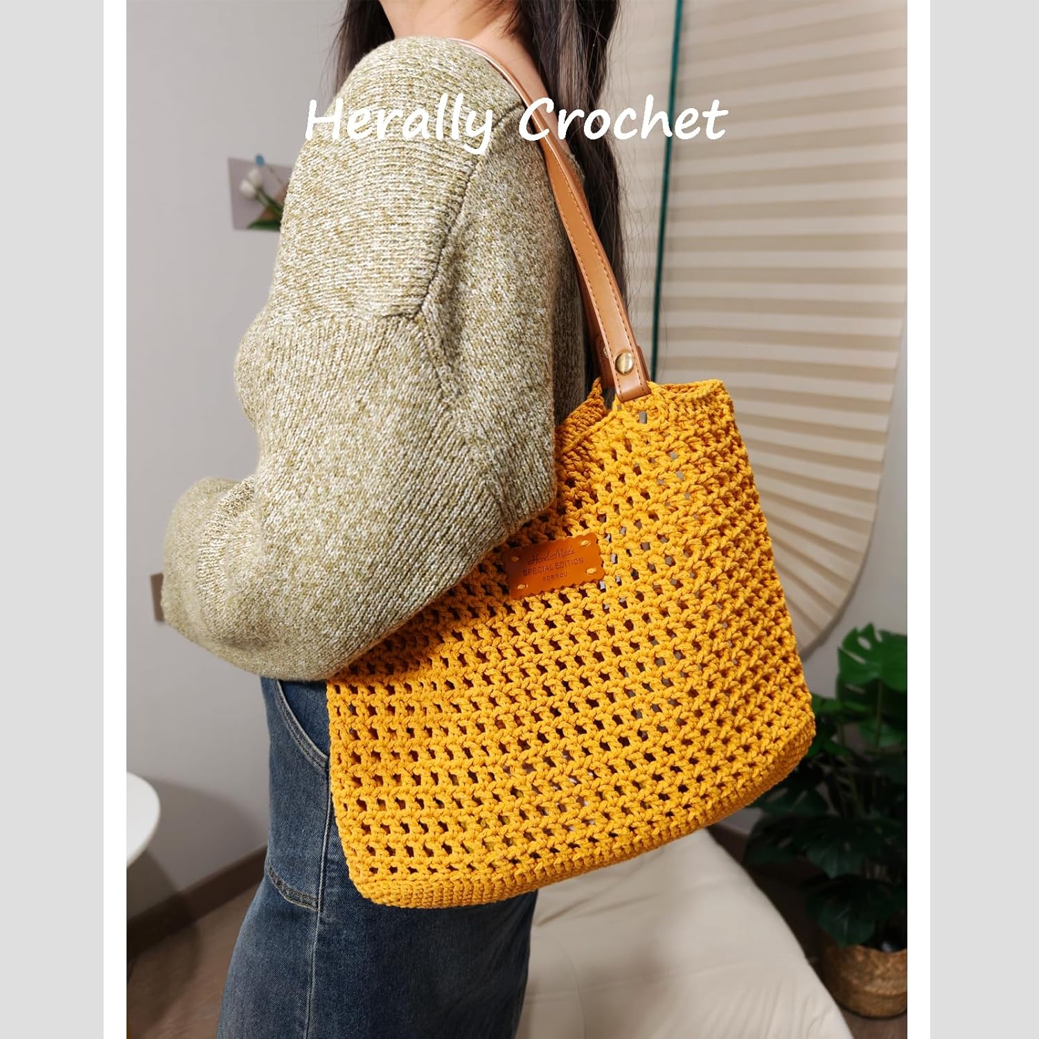 Herally Crochet Kit DIY Bag for Beginners - Include Yarn, Hook and Accessory - with Step by Step Video Tutorials - Crochet Tote Bag (Yellow)
