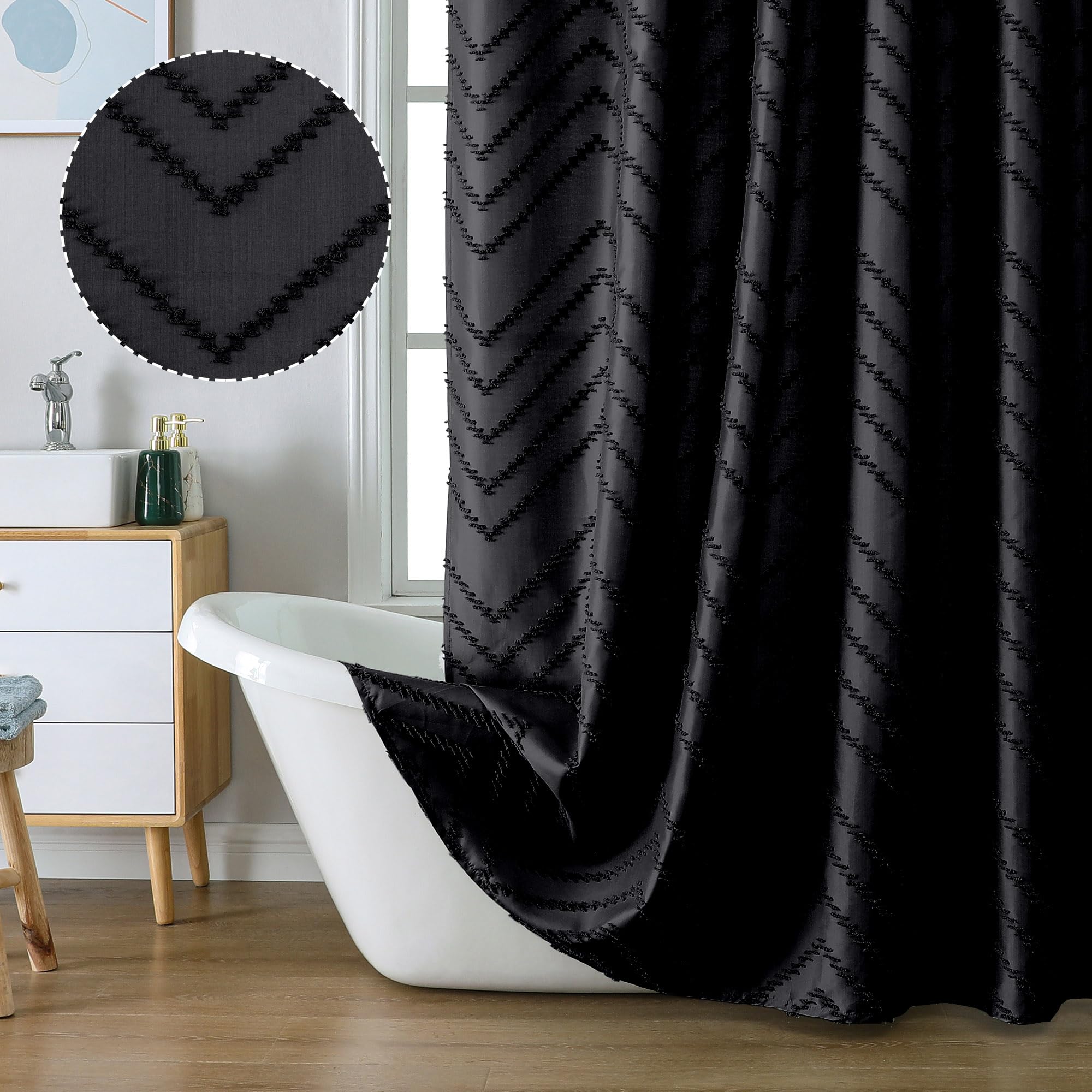 Chyhomenyc Chevron Black Shower Curtain 72x72 inches, Fabric Shower Curtain Farmhouse Chic Textured Tufted Chevron Striped Cloth Shower Curtain for Bathroom