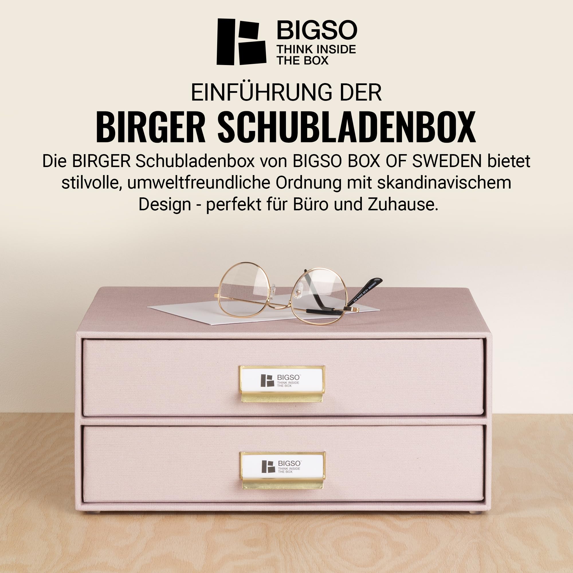 BIGSO BIRGER Schubladenbox – Aufbewahrungsbox mit 2 Schubladen – Schreibtisch Ablage für Dokumente & Bürobedarf – Ablagesystem aus recycelter Faserplatte und Papier – rosa
