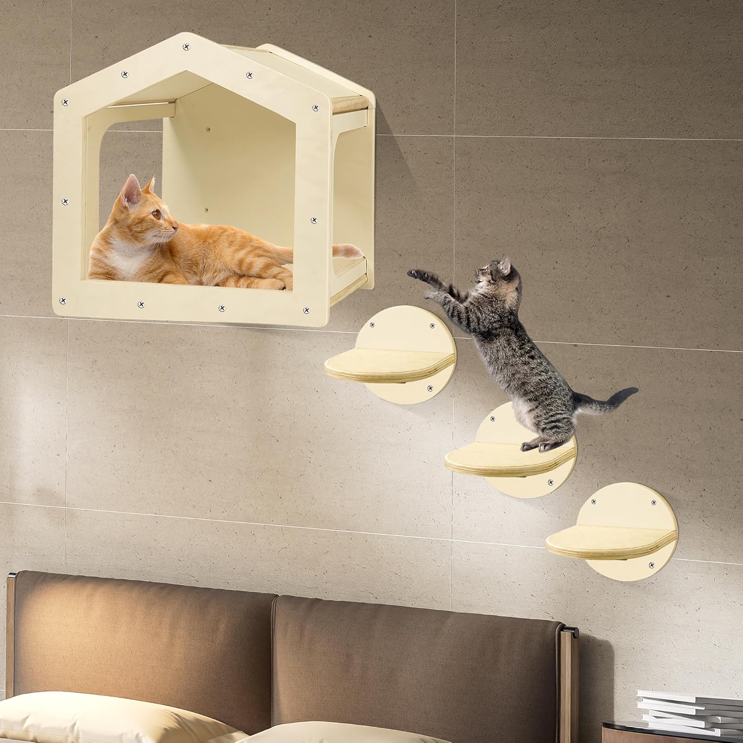 Cat Wall Shelves and Perches - House Fit for Cats Up to 25Lbs, 1 Condo and 3 Large Steps With Scratching Pad, Climbing Shelf for Indoor Furniture