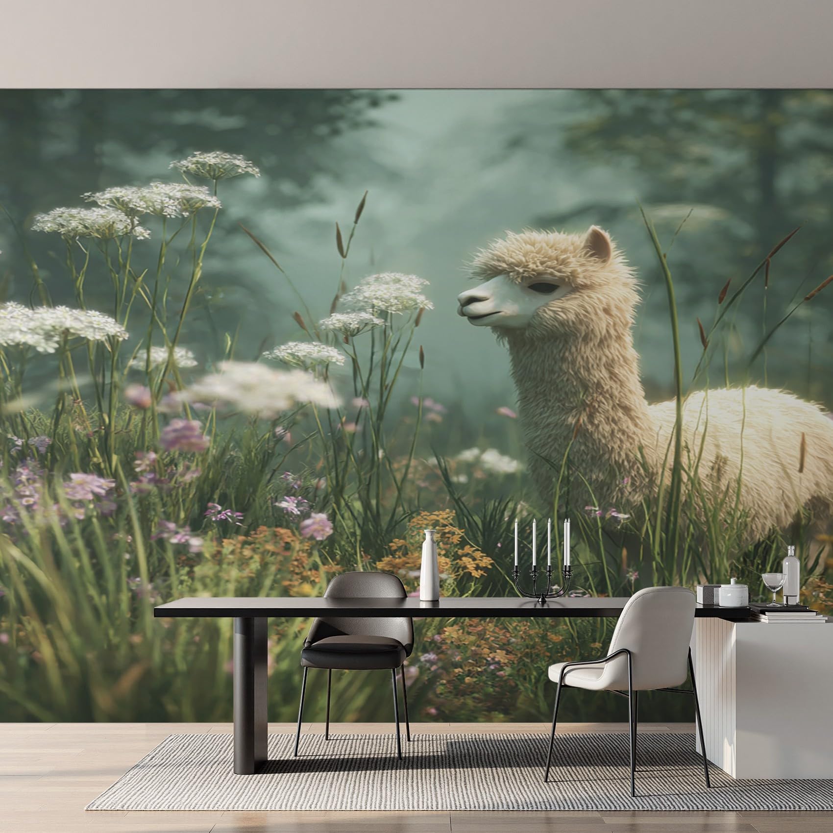 Wall Mural Cute Alpaca Wallpaper - Wildflower White Llama Photo Wallpaper for Living Room Bedroom, Non-Woven White Green Wall Paper Home Decor Art 366x254 cm w6g4