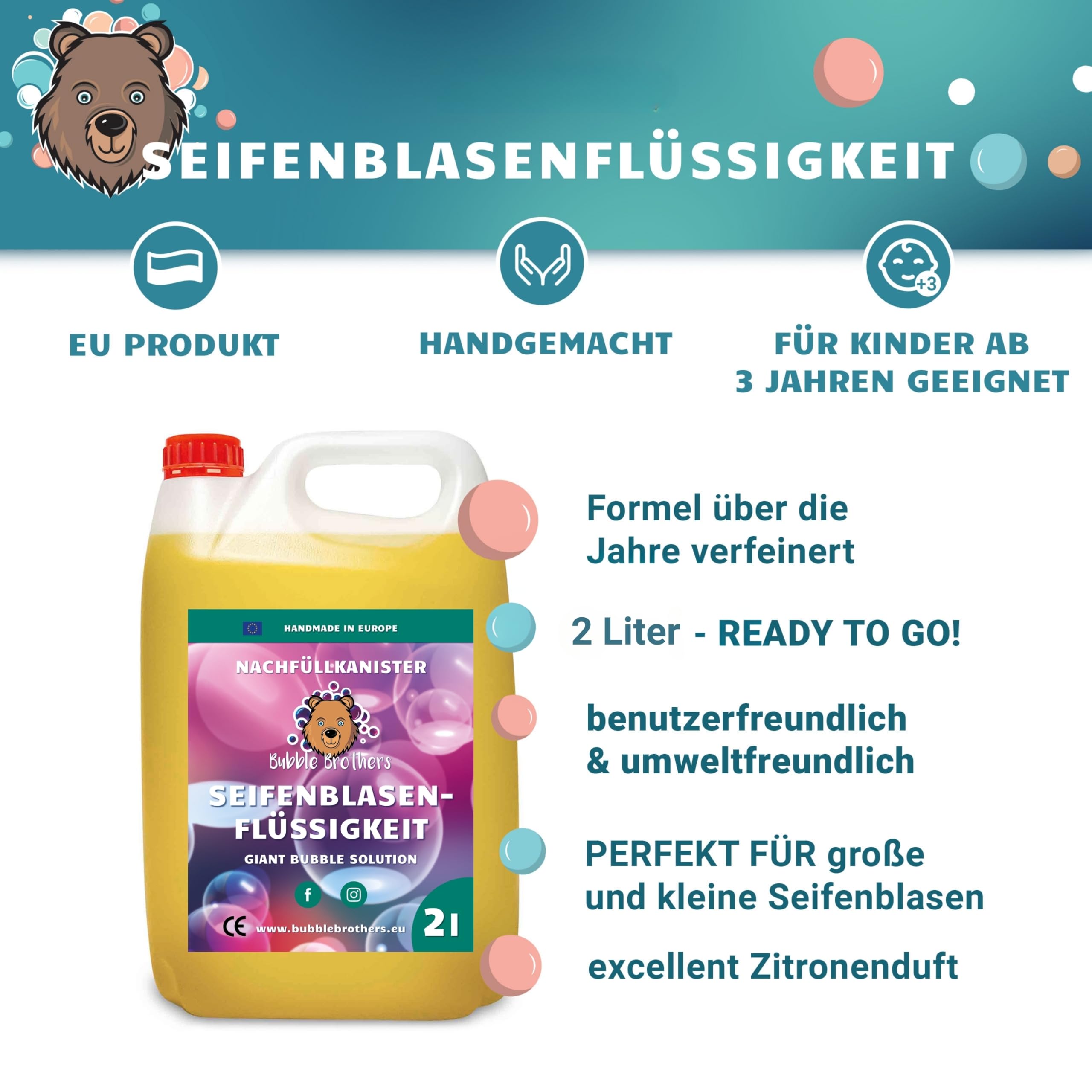 Bubble Brothers Płyn do baniek mydlanych, 2 litry, do olbrzymich baniek mydlanych i normalnych, butelka uzupełniająca, 2 l, nietłukące się XXL, kolorowe bańki mydlane, roztwór do banie