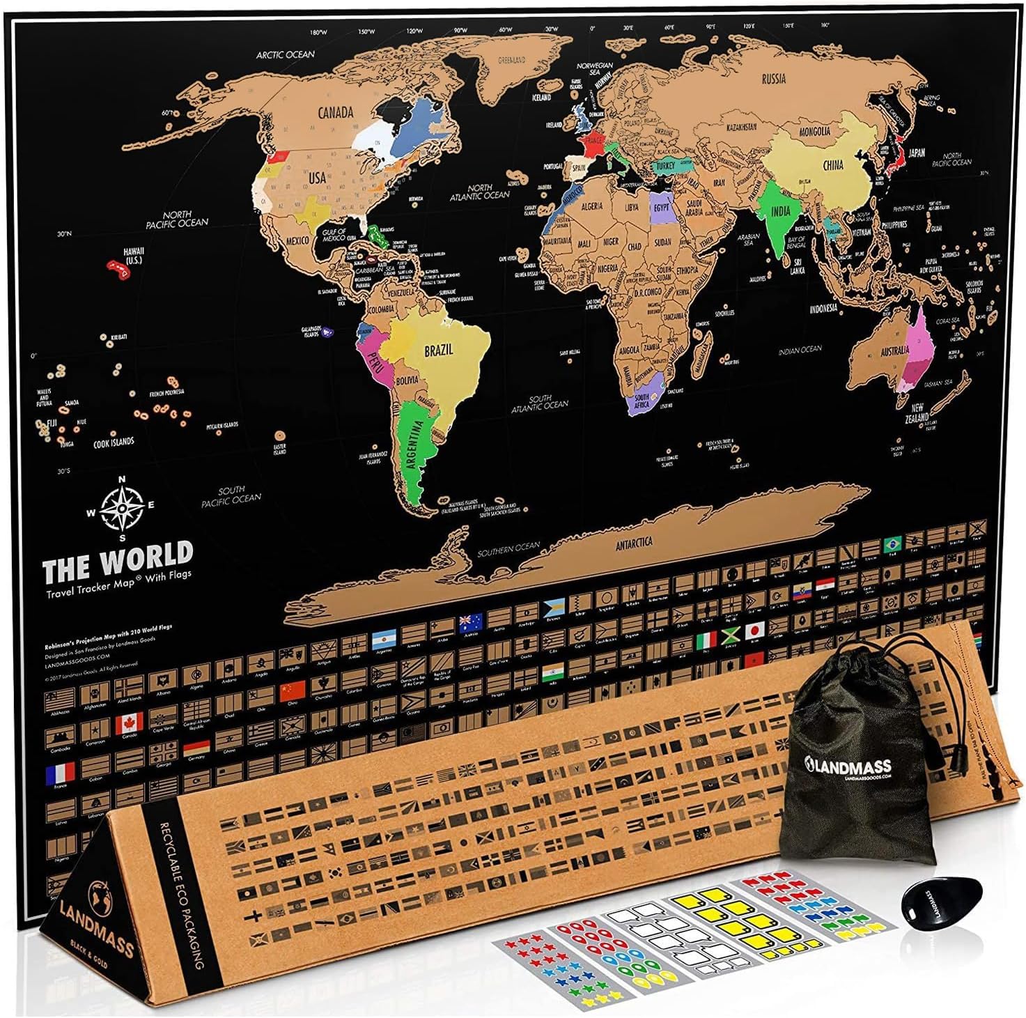 Landmass Scratch off World Map, Deluxe Travel Tracker Poster with Flags, Detailed Cartography, Gift Idea for Travelers, Map Lovers, Wall Art, Home or Office Decor, 17x24 Inches
