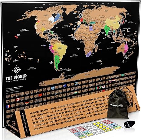 Landmass Scratch Off Map Of The World - Black Scratch Off World Map Poster with Flags - World Map Scratch Off - Vibrant Colors - The Gift Travelers Want - 17 x 24 Inches Travel Tracker Map : Amazon.ae: Office Products