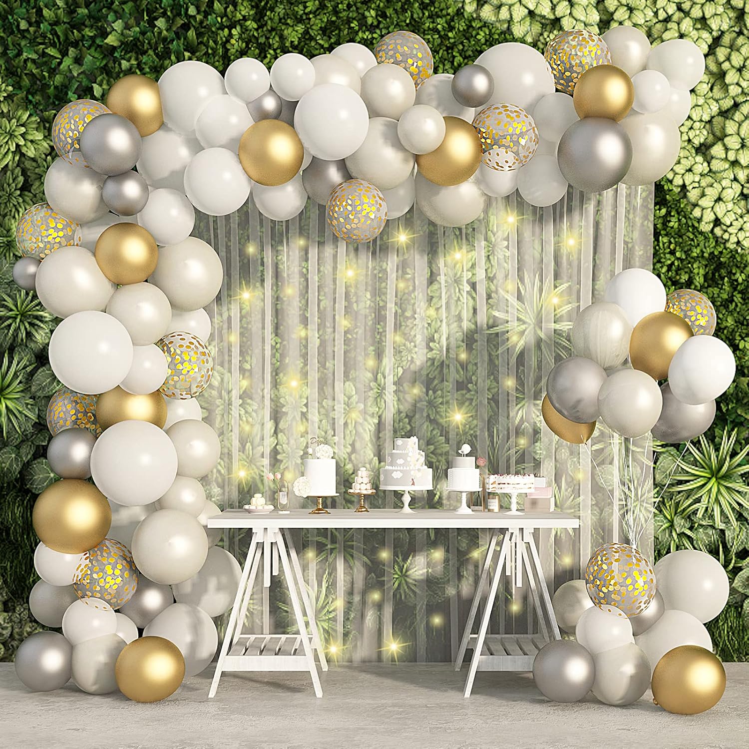 Ouddy Party White Balloon Garland Kit with String Lights