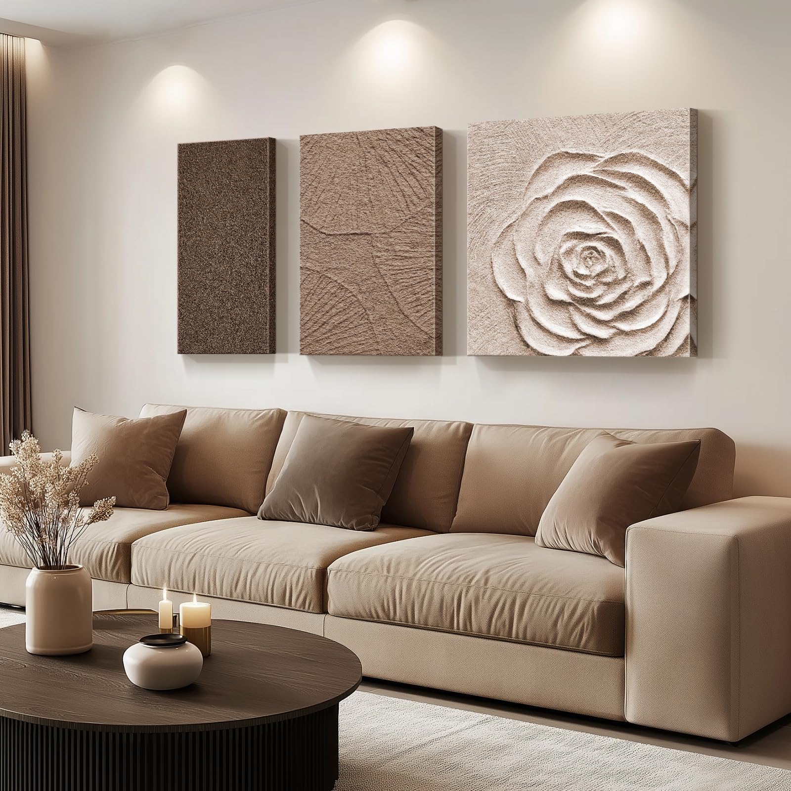 Abstract Neutral Canvas Wall Art, 3 Piece Large Brown Beige Flower Art ...