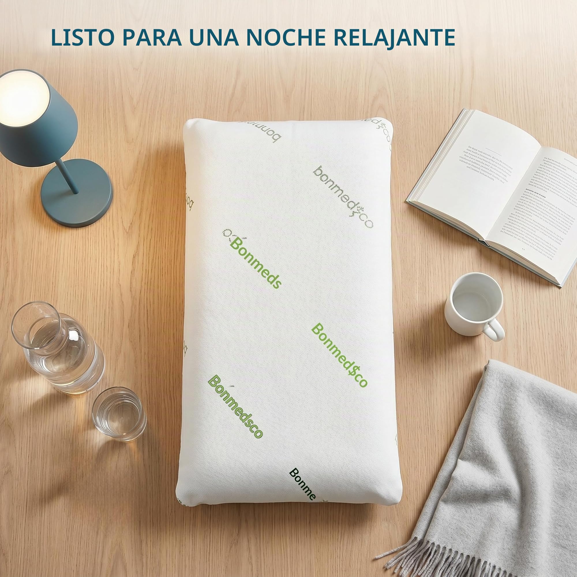 bonmedico Almohada Cervical Viscoelástica Fibra Bambú | Almohada con espuma memoria y funda de bambú lavable. Soporte cómodo para cuello y descanso.