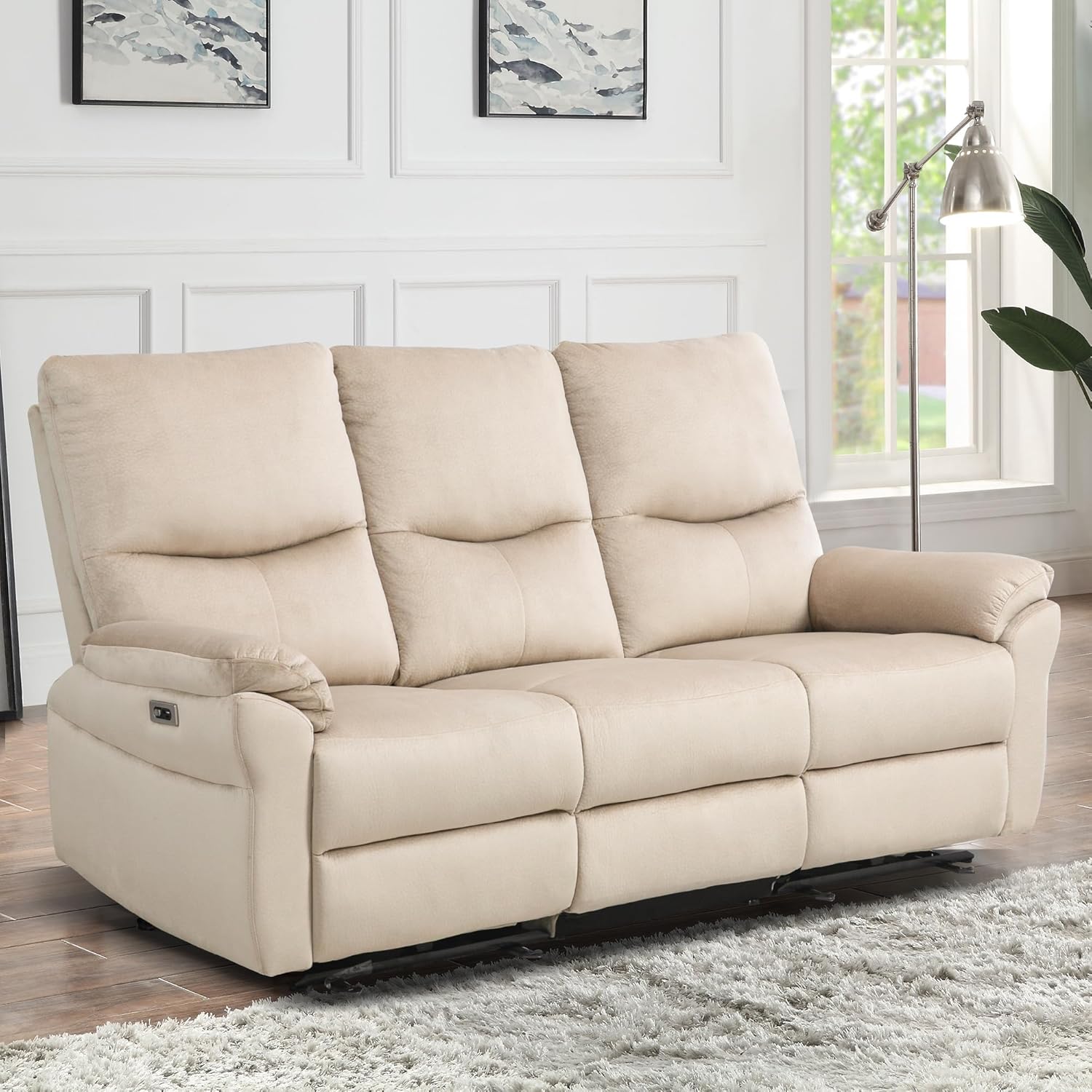 Power Reclining Sofa, Electric Reclining Couch with Flip Middle Backrest, Cup Holder & USB Type C, Skin- Friendly Recliner Sofa for Living Room, Home Theater Seat (Beige)
