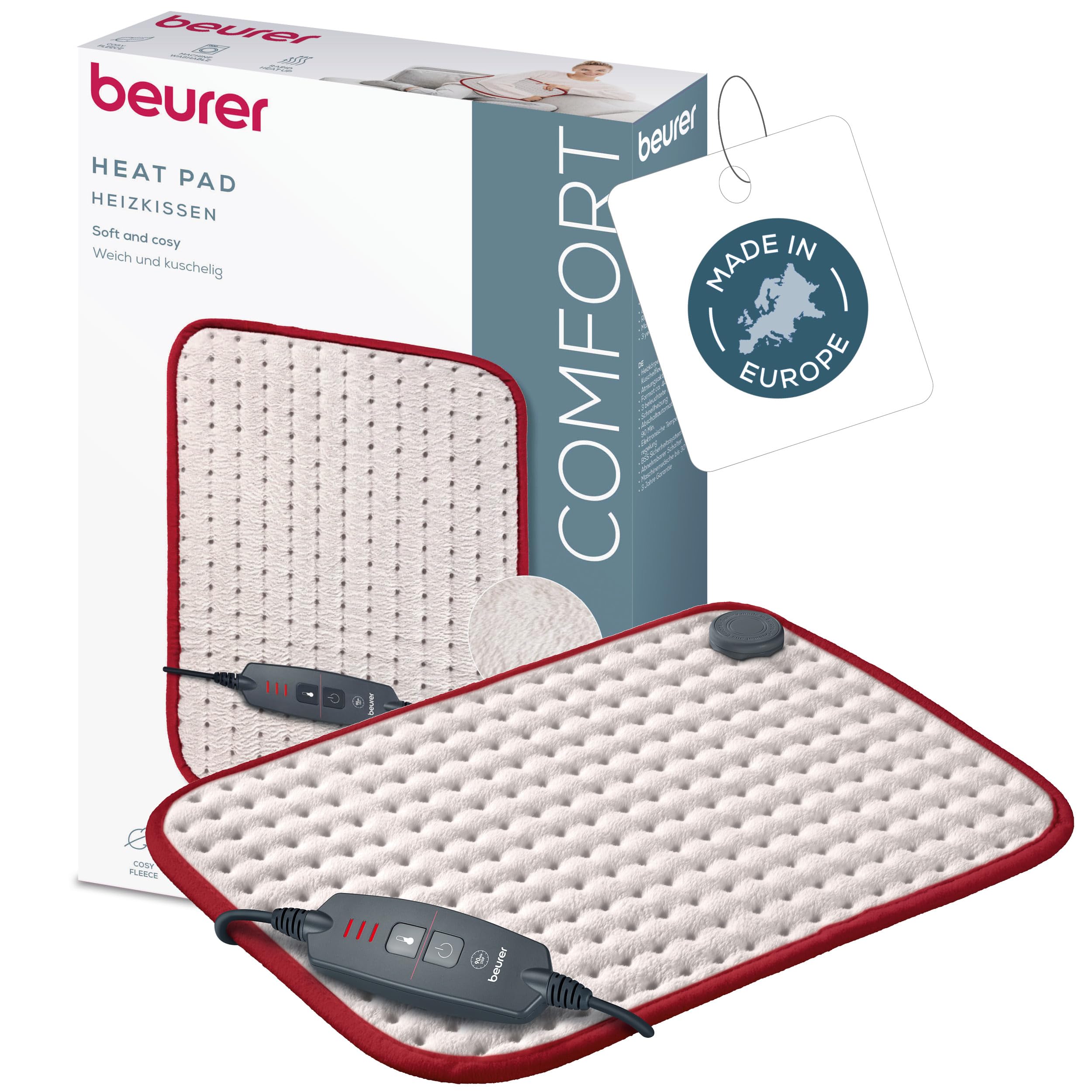 Beurer HK Comfort Heat Pad, Flexible Warming Electric Heating Pad with Super-Soft Surface, Controllable Warmth with 3 Temperature Settings, Machine-Washable, Automatic Switch-off, 100 watts, 44x33cm