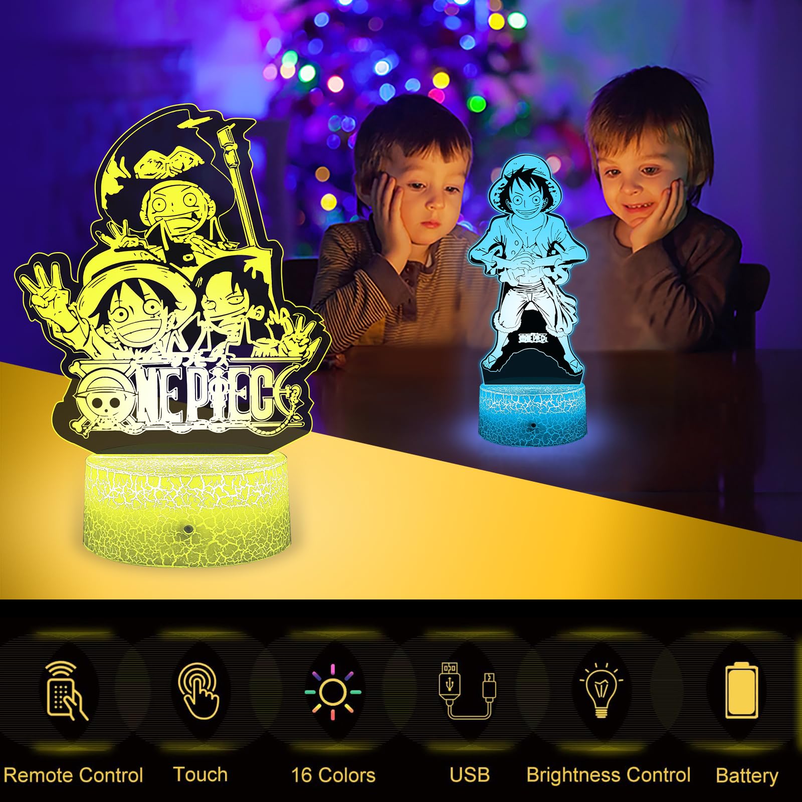 Lampada One Piece,Luce Notturna One Piece Luffy 2 in 1 - Lampe One Piece Manga Intelligente con telecomando a 3D LED 16 colori Idea Regalo di Natale One Piece Decorazione per la camera dei bambini