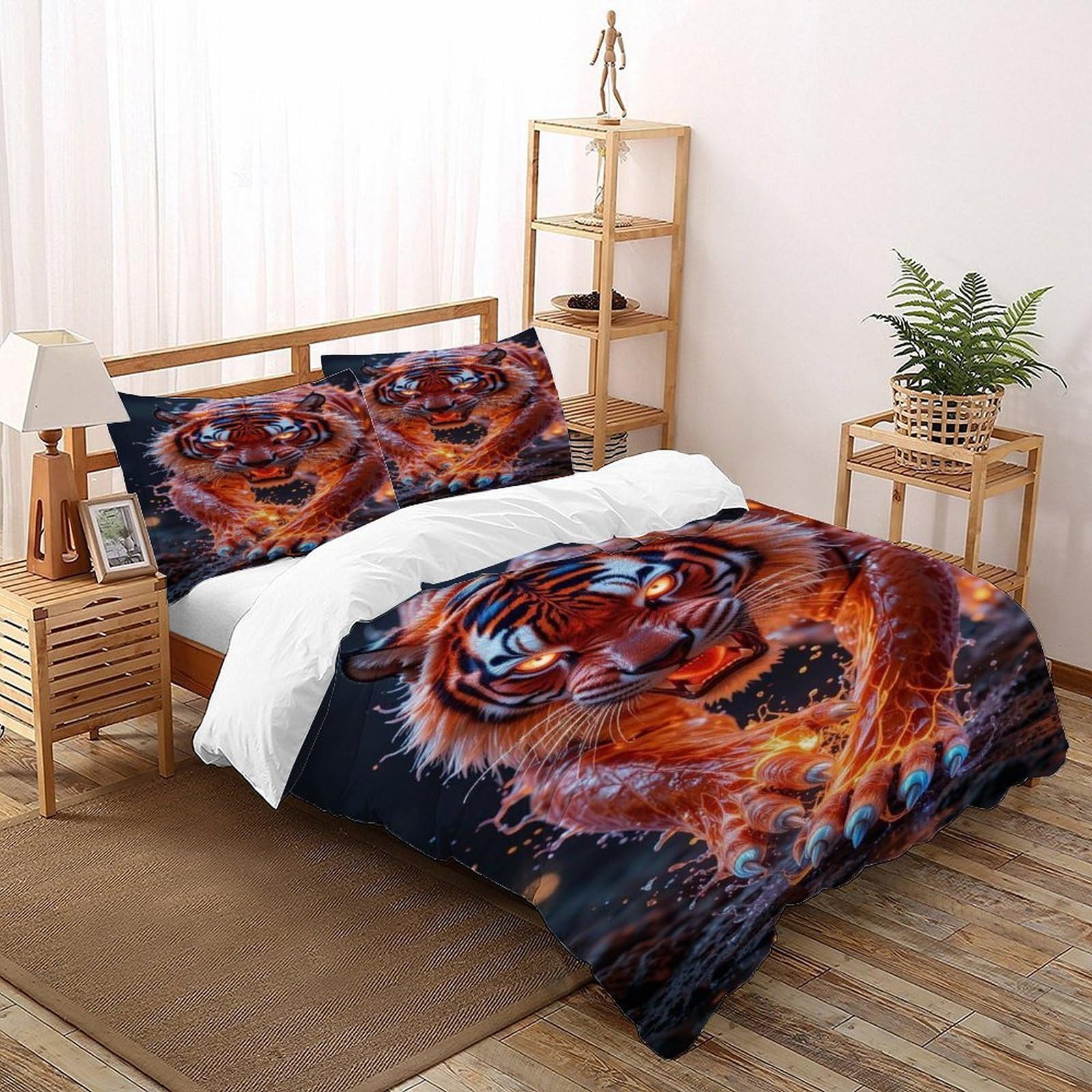 Housse de couette tigre 200x200 parure de lit 3 pièces microfibre sauvage