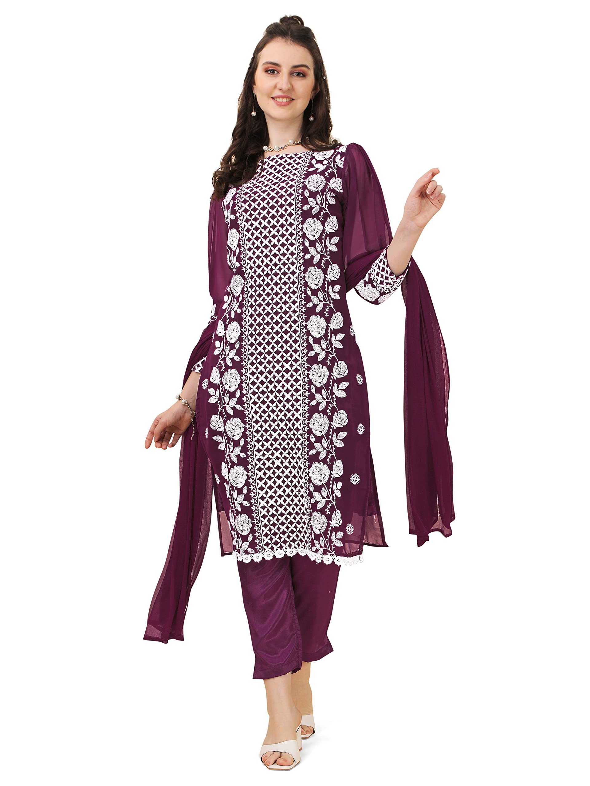 EthnicJunction Women's Lucknowi Chikankari Embroidered Thread Work Georgette Straight Kurta Pant With Dupatta