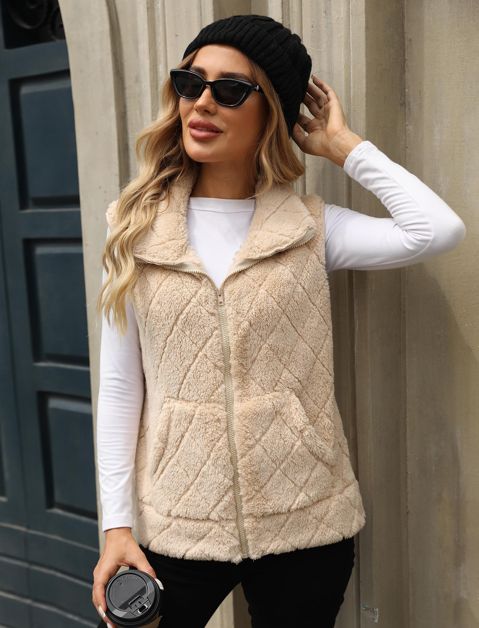 Gilet invernale da donna in pile Sherpa peloso, senza maniche, con cerniera, aperto sul davanti, leggero, comodo, con colletto alla coreana, con tasche