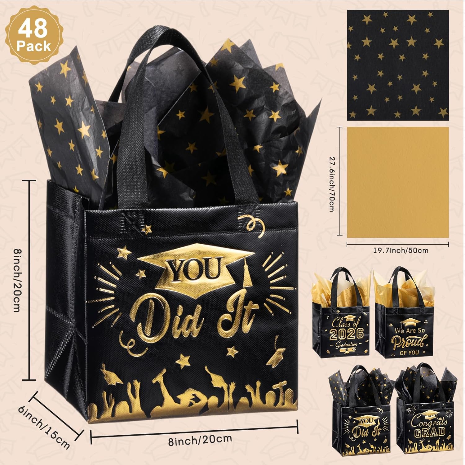 Capoda 48 Pack Graduation Gift Bags with Tissues Paper 8 x 8 x 6 Inches 2026 Congrats Graduation Party Favor Treat Goodie Snack Gift Bags for College School Class of 2026 Grad Party Supplies