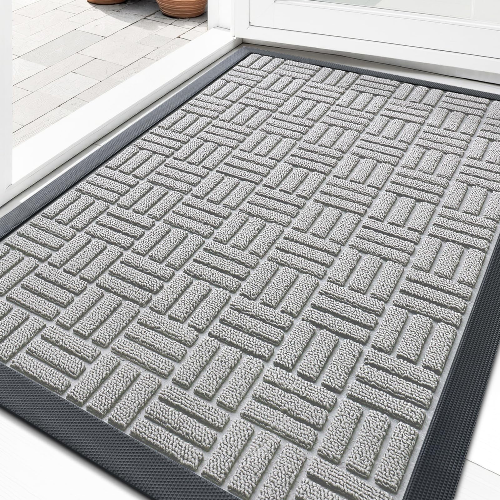 OLANLY Front Door Mat Outside Entrance 29.5x17, Heavy-Duty Rubber Doormat | Light Gray, Stain and Fade Resistant, Non-Slip Backing, Low-Profile Indoor Outdoor Floor Mat for Entryway, Easy to Clean