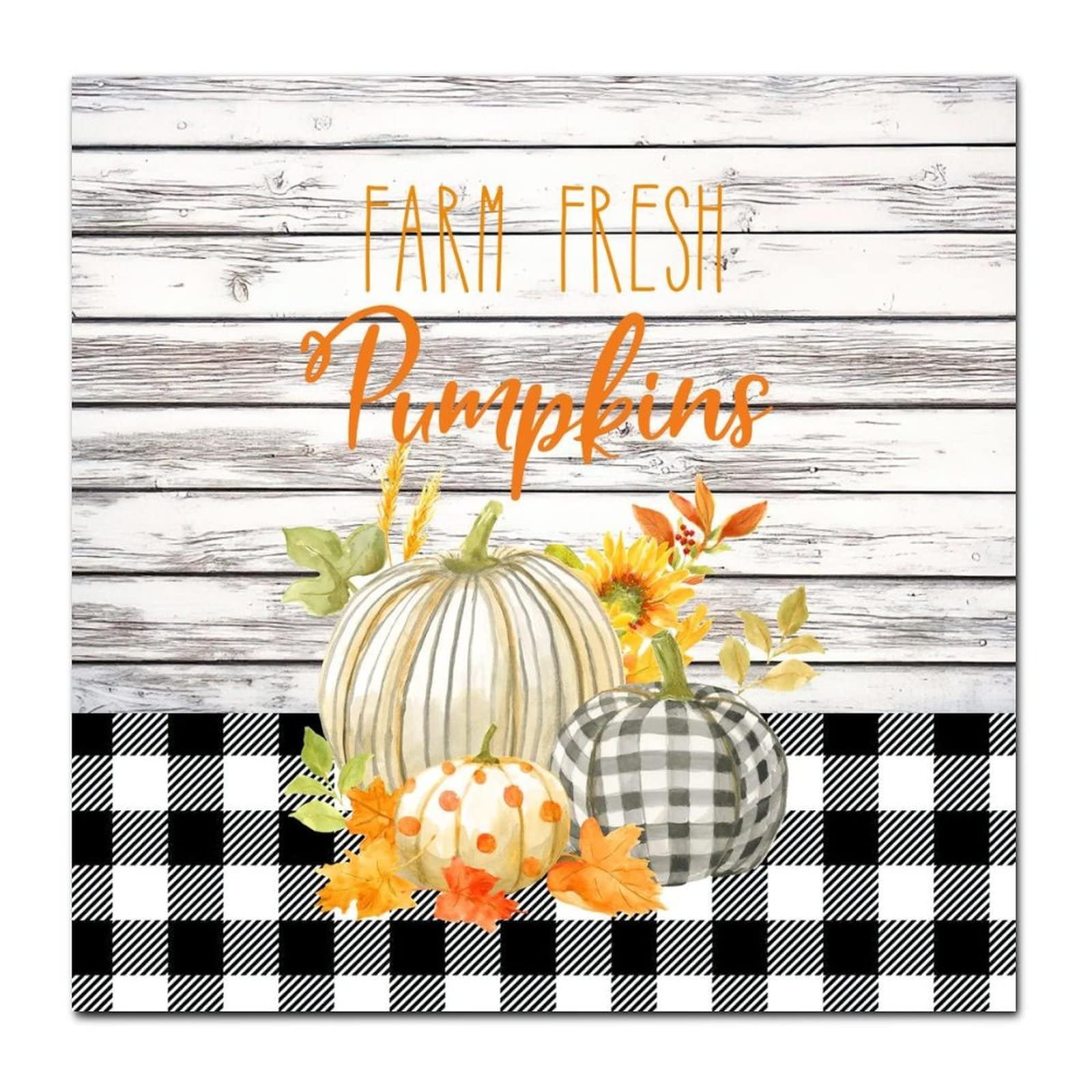 Fall Harvest Sign Farm Fresh Pumpkins Wood Sign Red Black Buffalo Plaid Wooden Sign Thanksgiving Seasonal Gift Maple Lea Farmhouse Decor for Home Bathroom Kitchen Office Pub 12x12in