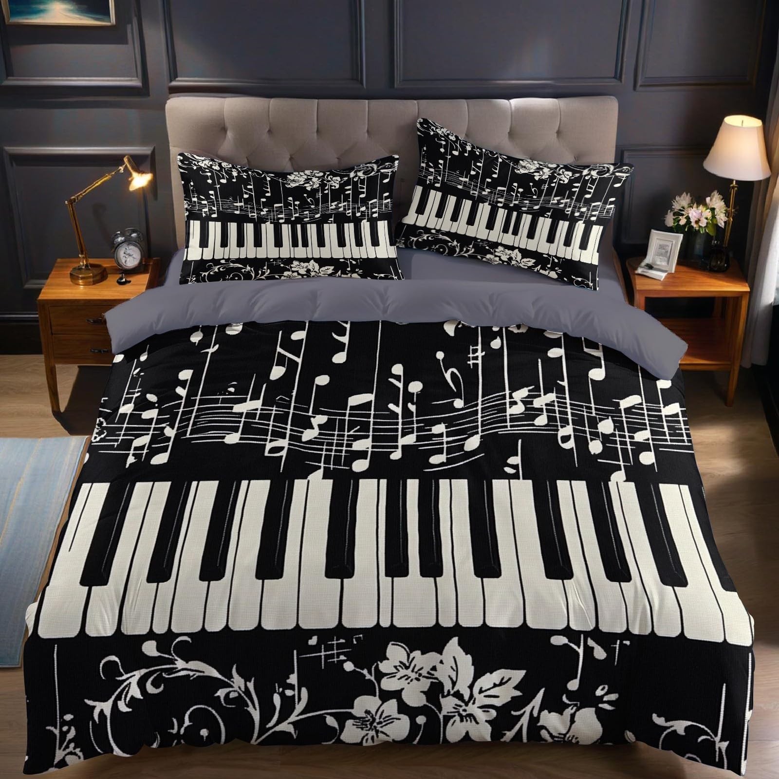 Copripiumino Una Piazza e Mezza 250x200 cm nero Set Biancheria da Letto Tastiera del pianoforte e note in Microfibra Traspirante con Cerniera e 2 Federe