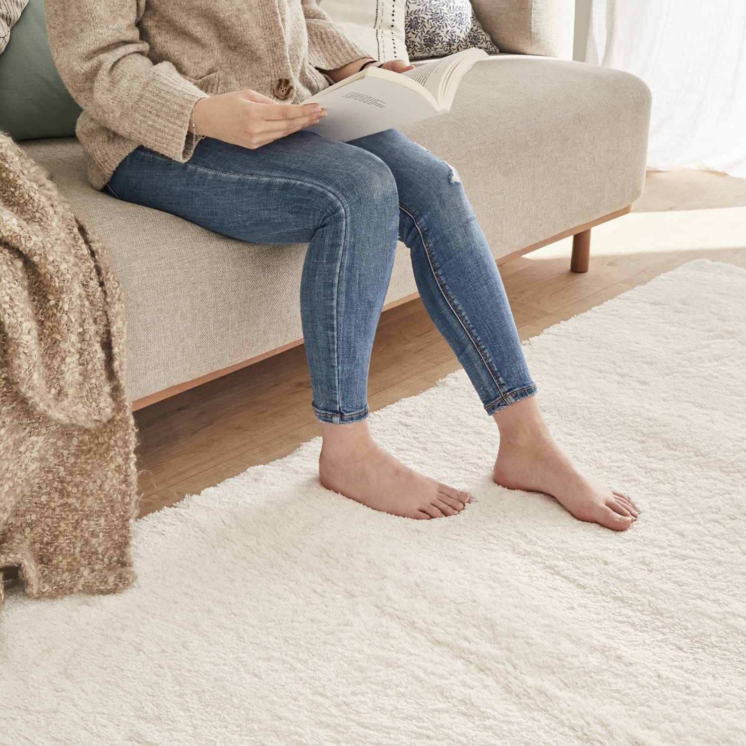 Nazar Tapis Cosy Uni Shaggy Moelleux, Salon, Chambre, Doux à Poils Longs (160x230 cm, Blanc)