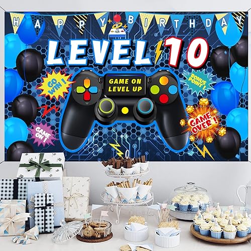 Miniatura 8 de Vlipoeasn Decoraciones de cumpleaños número 10 para niños, decoraciones de cumpleaños de videojuegos de 10 cumpleaños, telón de fondo de 10