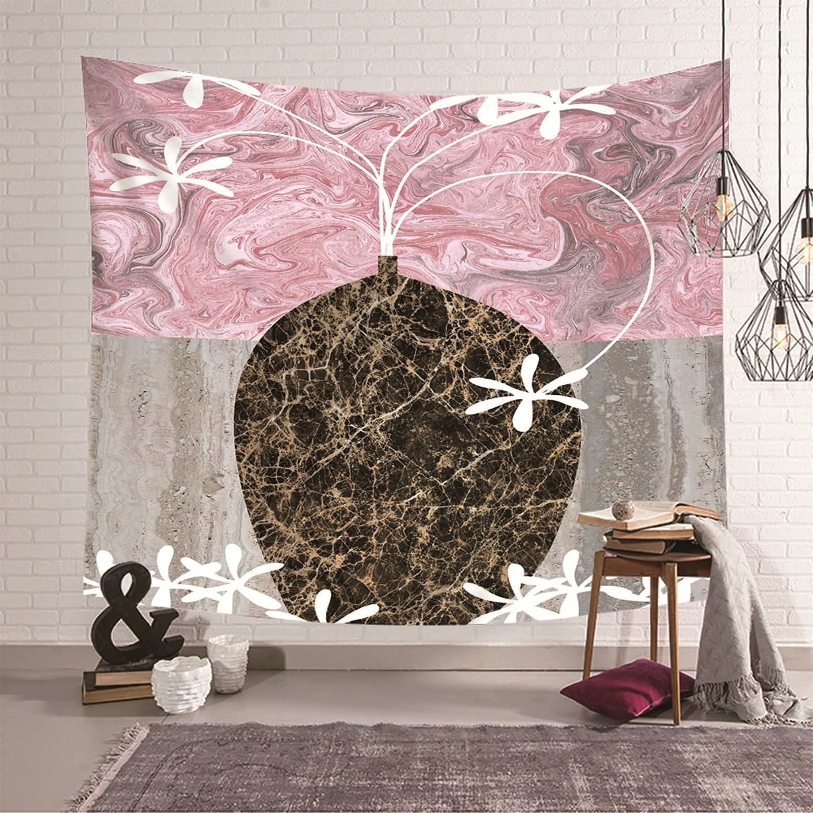 Tapiz de pared decorativo de poliéster grande, decoración textil negra y rosa de 150x130