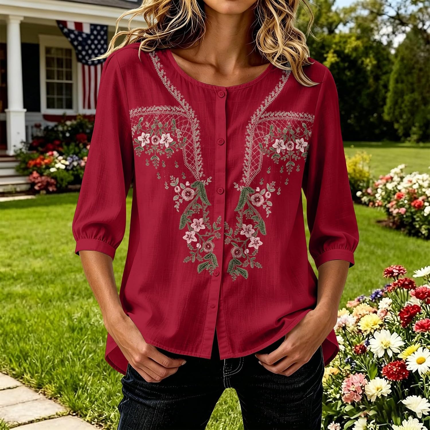 Embroidered Cotton Linen Tops for Women 3/4 Sleeve Summer Boho Peasant Gauze Blouses Dressy Casual Bohemian Shirts