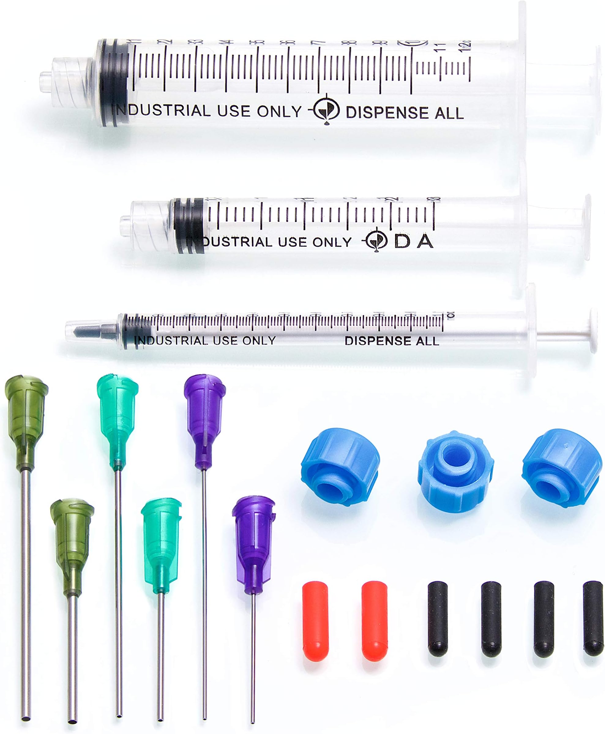 K2-3PK All-Purpose Industrial Syringe Kit - 1ml/3ml/10ml with 1 & 2 Inch 14, 18, & 21 Gauge Dispensing Tips, Syringe Caps and Tip Covers