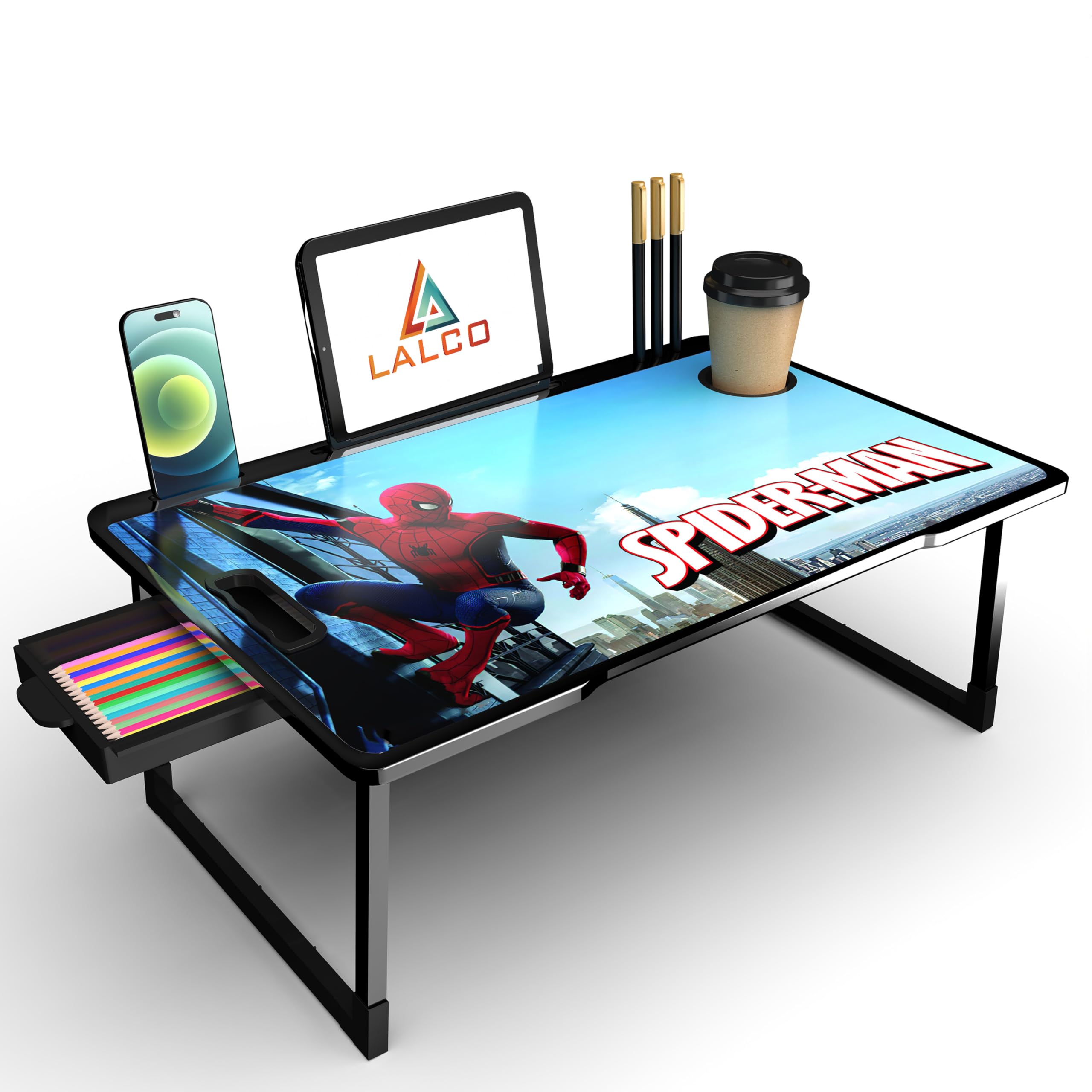 LALCO® Foldable Wooden Mini Laptop Table for Bed, Study Table with Drawer, Tablet/Mobile Holder for Kids & Adults (COTTEDS Spiderman)