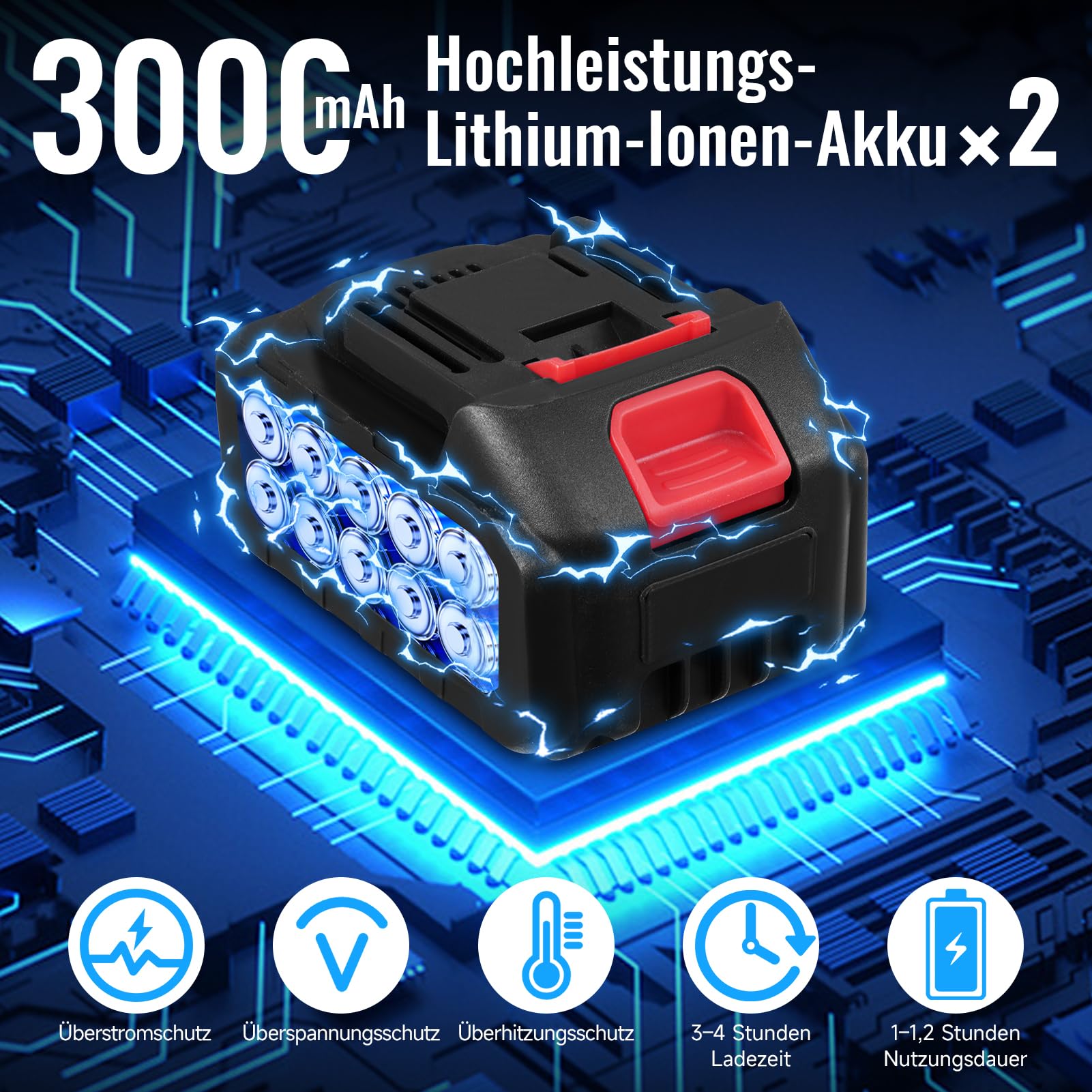 Hidrolimpiadora de Bateria, 3000W Hidrolimpiadora de Alta Presión Portátil, 120Bar/1750 PSI Pistola Agua Presion Bateria, Boquilla Ajustable6 En 1 con 2 Baterías de 21V 3000mAh Adecuado para Varios