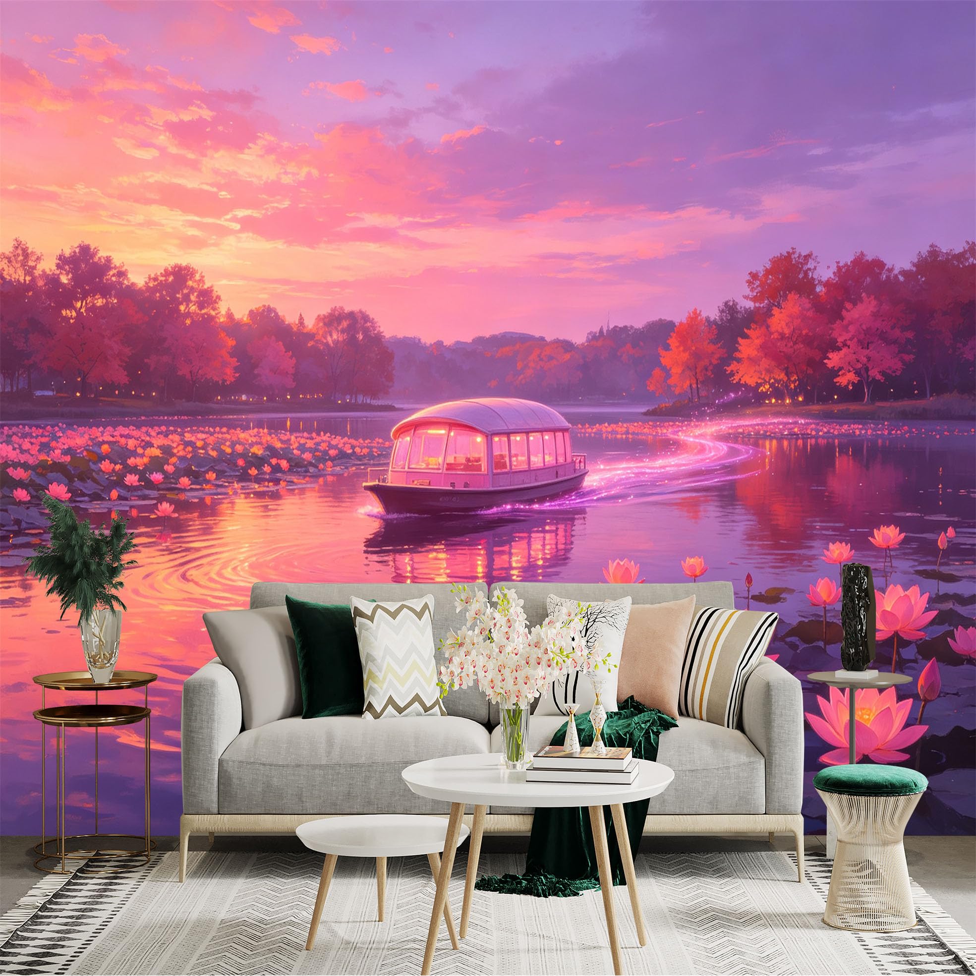 Custom Size Wall Sticker Mural， Dreamy Sunset Lake， Pink Lotus Flowers and Glowing Boat， Peaceful Nature Landscape， for wall Decoration， peelandstick wall Decals.