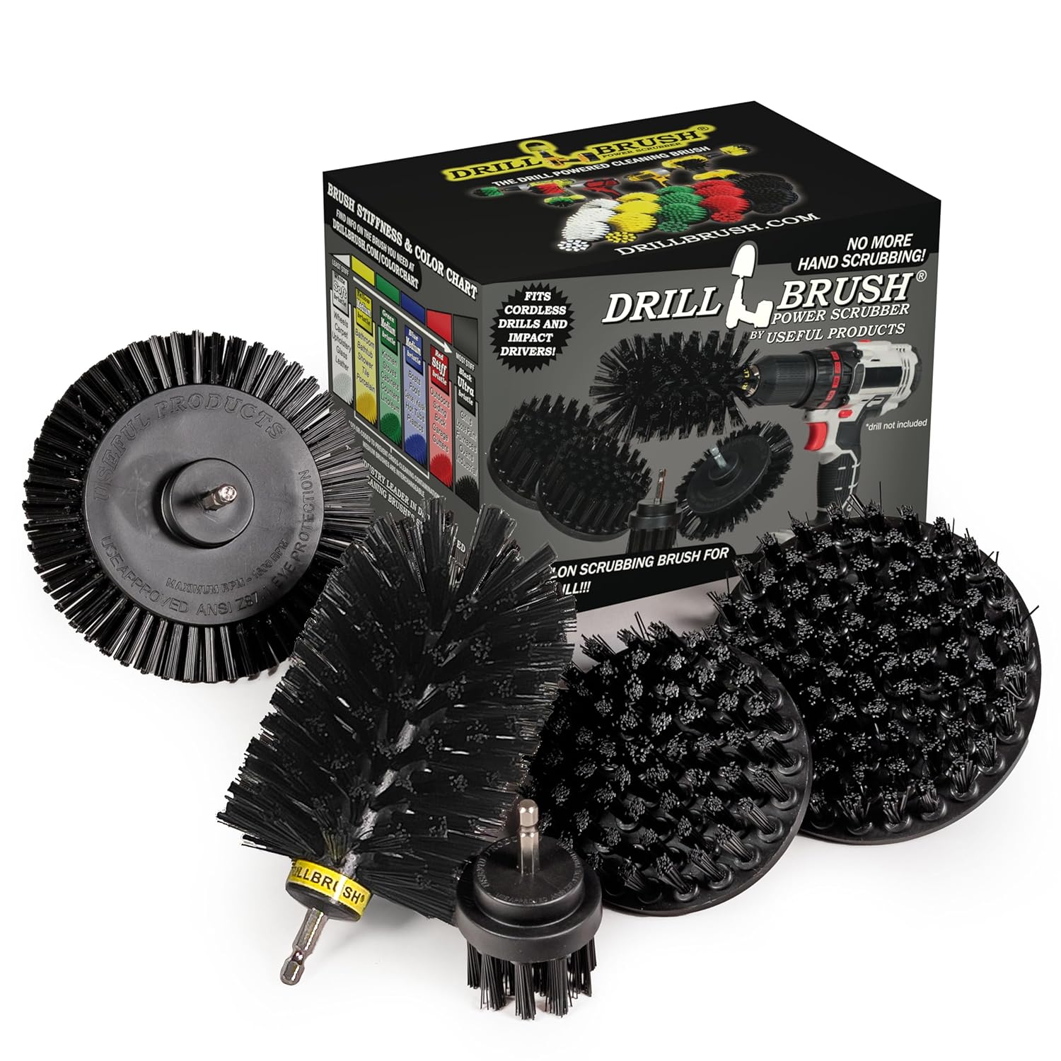 Drill Brush Power Scrubber by Useful Products - 5 Piece Black Drillbrush Ultra Stiff Cleaning Brushes Set -