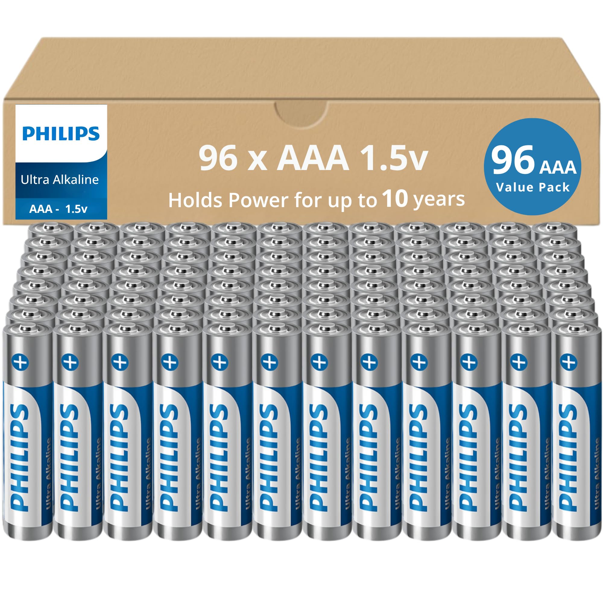 PHILIPS Lot de 96 piles AAA ultra alcalines de 1,5 V - Triple AAA - Durée de vie de 10 ans - Batterie AAA longue durée - 129 % de puissance en plus - Performance supérieure - Anti-fuite.