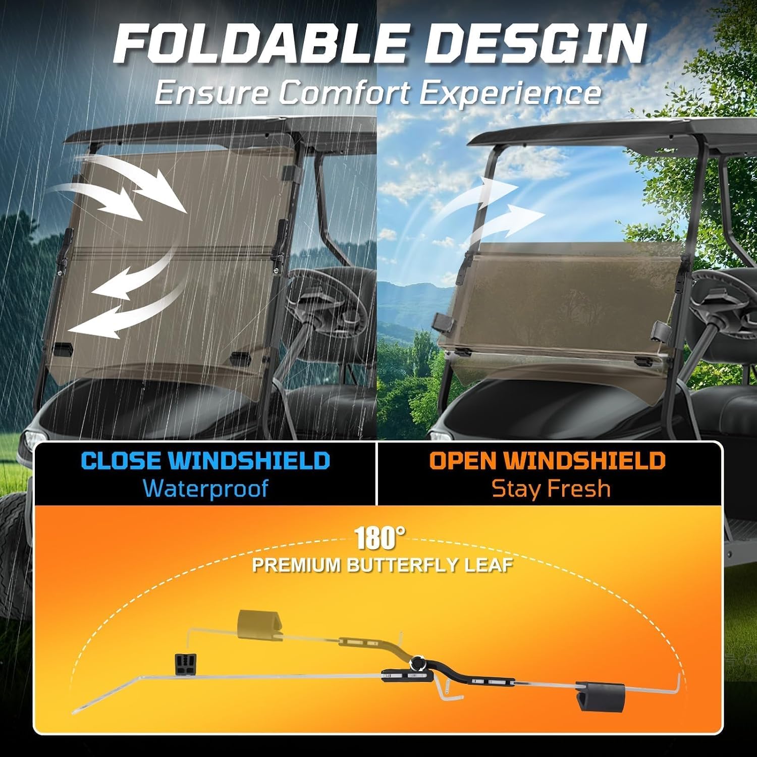 iLSKW Golf Cart Foldable Windshield 5MM Thickness Fits 1995-2013 EZGO TXT & Medalist, Fits 3/4" Struts Rail with Heavy Duty Hinges & Anti-UV Included Windshield Clips Kit Clear Tinted