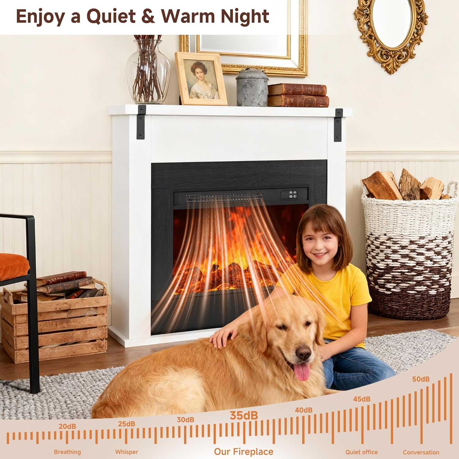 36" Modern Freestanding Electric Fireplace with Mantel, Minimalist TV Stand Electric Fireplace Mantel for Living Room, Bed Room, White
