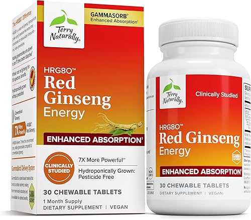 Terry Naturally HRG80 Red Ginseng Energy – Apoya la energía saludable y la concentración – Suplemento de hierbas con polvo de raíz de ginseng rojo
