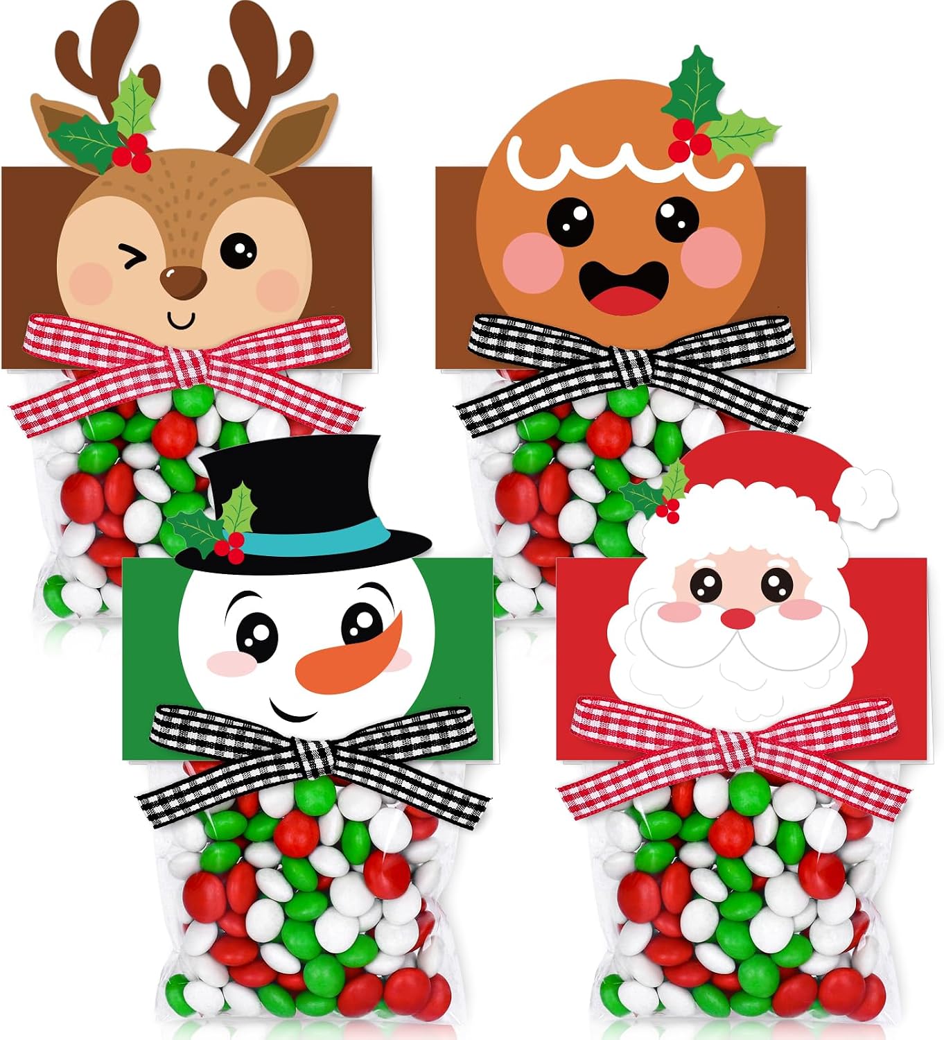 Whaline 180 Pcs Christmas Self-Adhesive Goody Bag with Topper Bow Snowman Santa Elk Gingerbread Candy Cello Bag Plastic Xmas Favor Treat Bag for Winter Party Wrapping