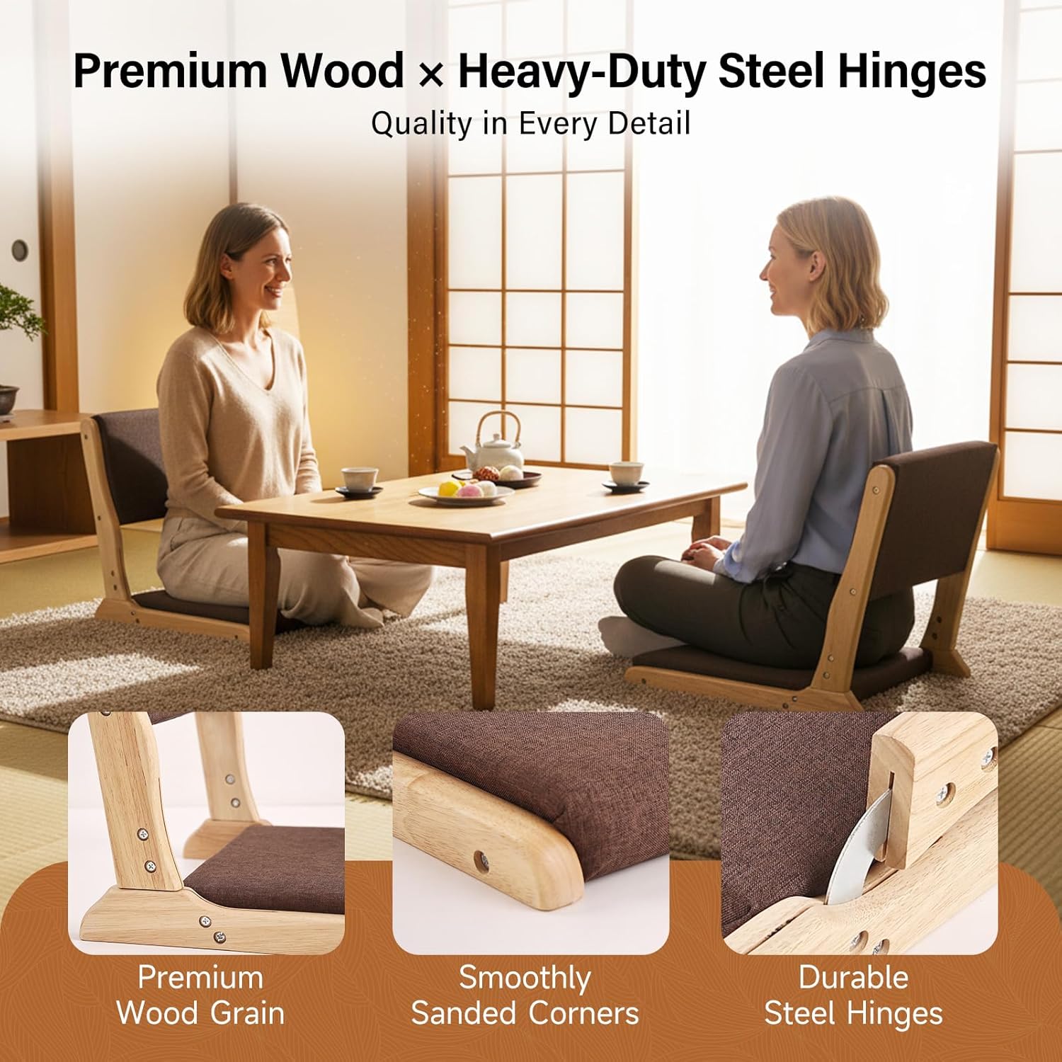 Tiita Foldable Tatami Chair, Japanese Floor Chair, Wood Legless Back Rest Chairs with Cushion, Accent Meditation Floor Chairs Bay Window, Wood Brown