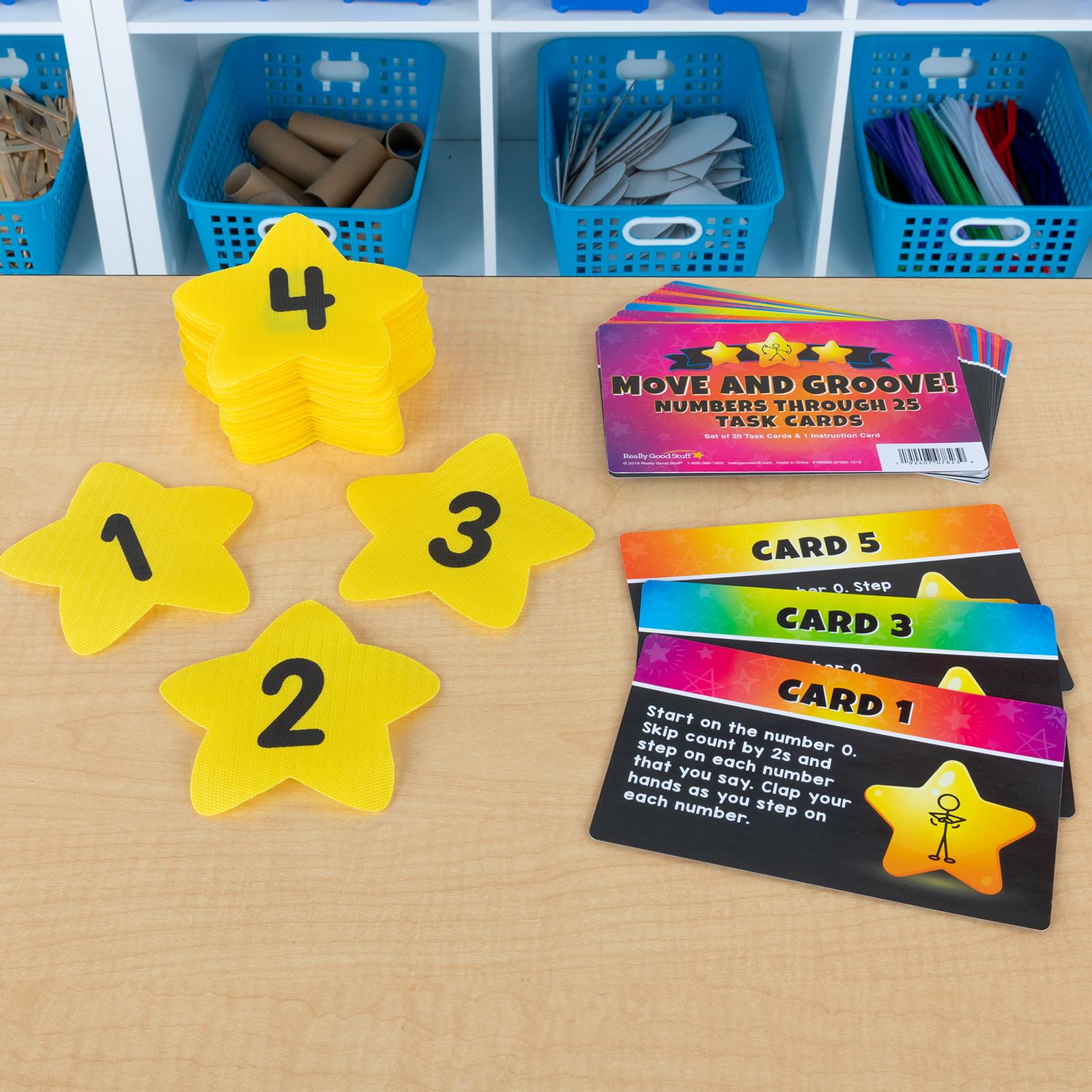 Really Good Stuff Carpet Mark-Its Move and Groove! Numbers Through 25 Task Cards Kit - 26 Carpet Spots, 20 Task Cards