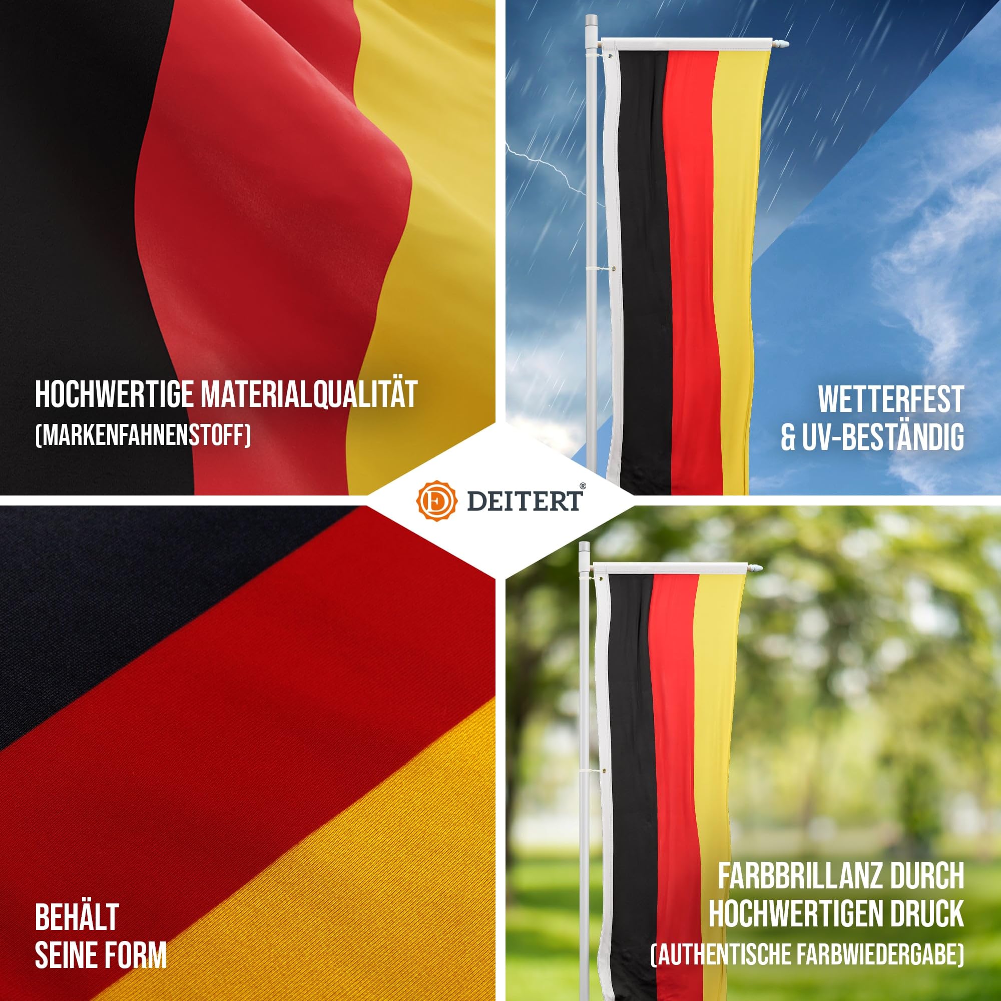 Deutschland Flagge 120 x 300 cm - für Fahnenmast mit Ausleger, Deutschlandfahne aus reißfestem Fahnen-Polyester-Stoff, Hissfahne wetterfest und UV-beständig
