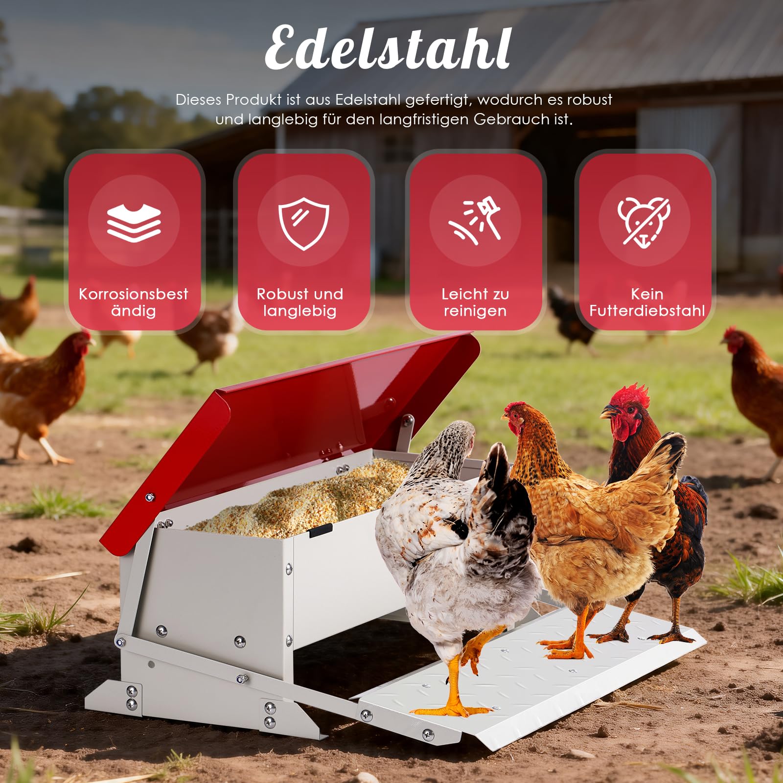 Futterautomat für Hühner (5 kg Volumen), Verzinkter Stahl, Trittmechanismus mit Trittplatte, Wasserdichter Deckel, Rattensicherer Futterspender für Geflügel wie Hühner, Enten, Gänse