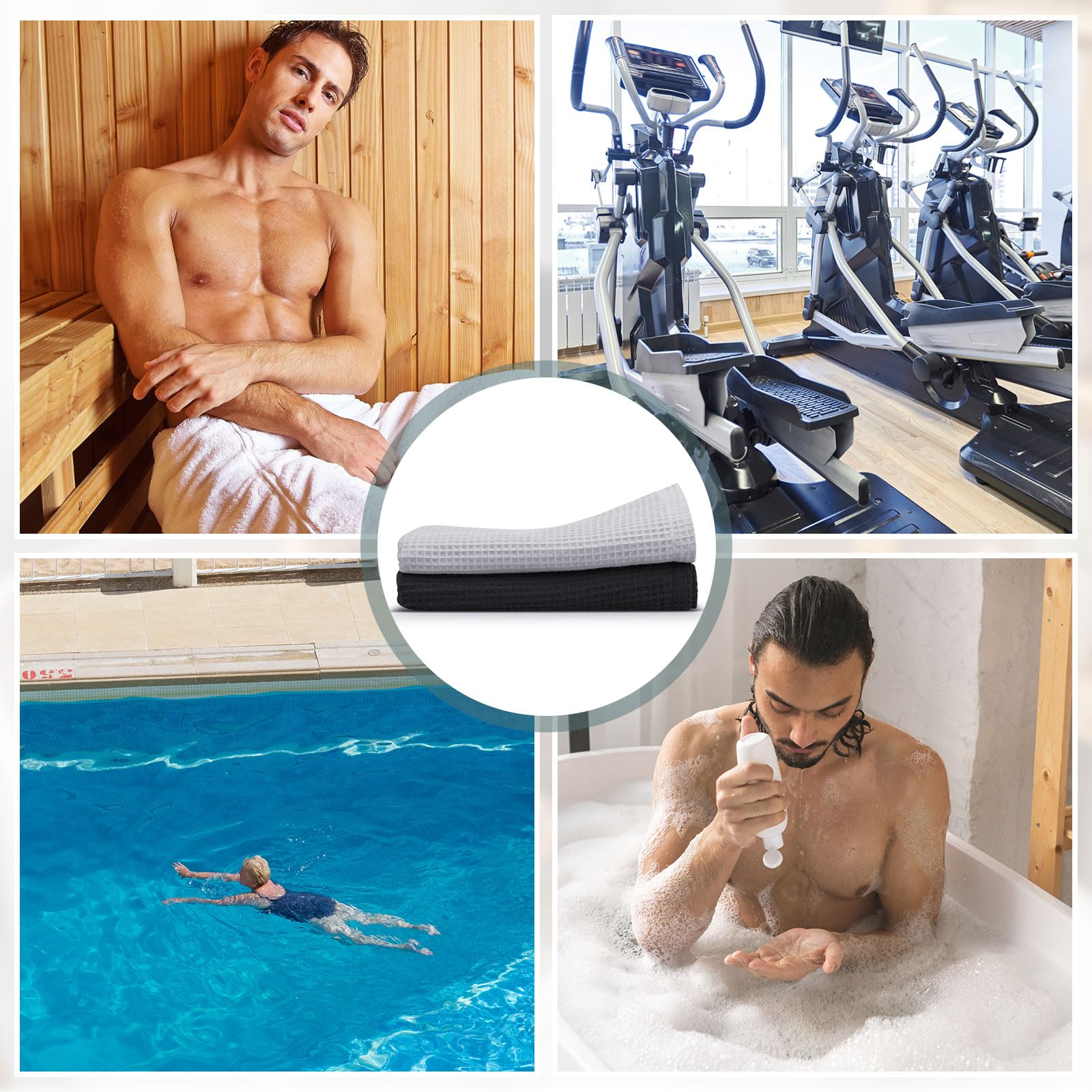 Newwiee 2 toallas de baño de microfibra para hombre, de rápida absorción, ajustable, para hombre, sauna, spa, 59 x 24 pulgadas (negro, gris)